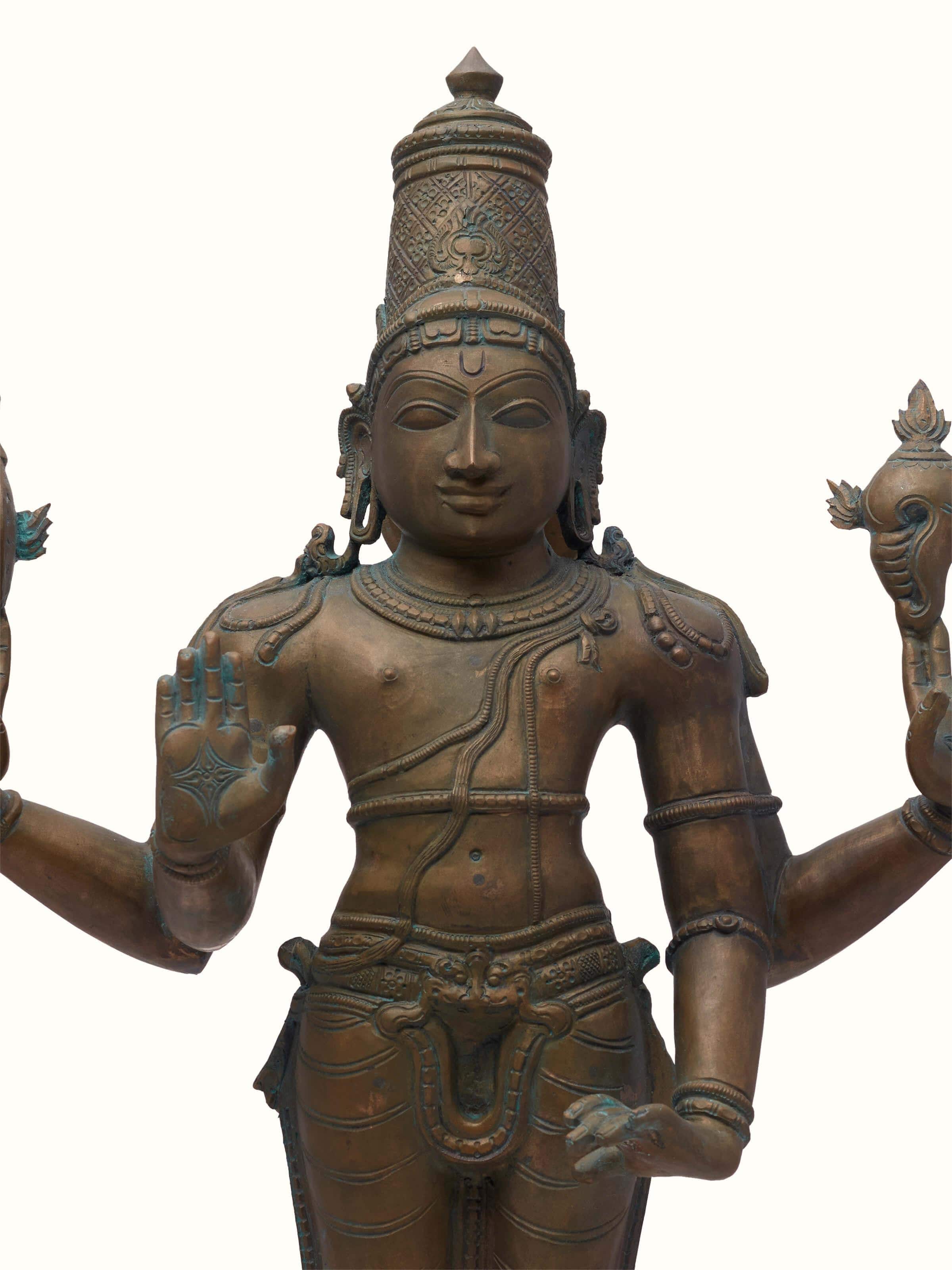 Close-up of Magnificent bronze casting Vishnu idol highlighting detailed artistry