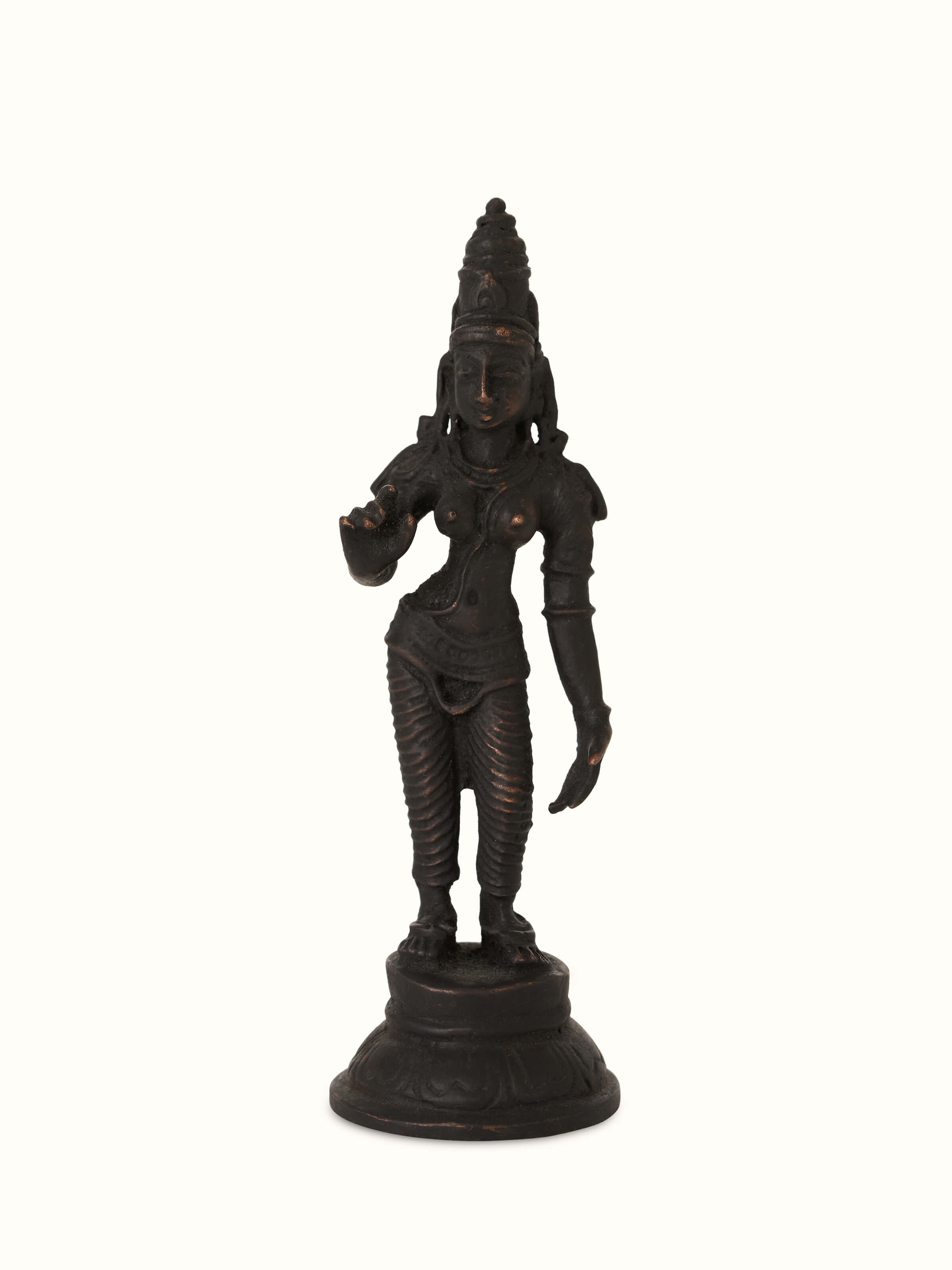 Revered bronze casting of Goddess Parvathi idol with detailed artistic features.