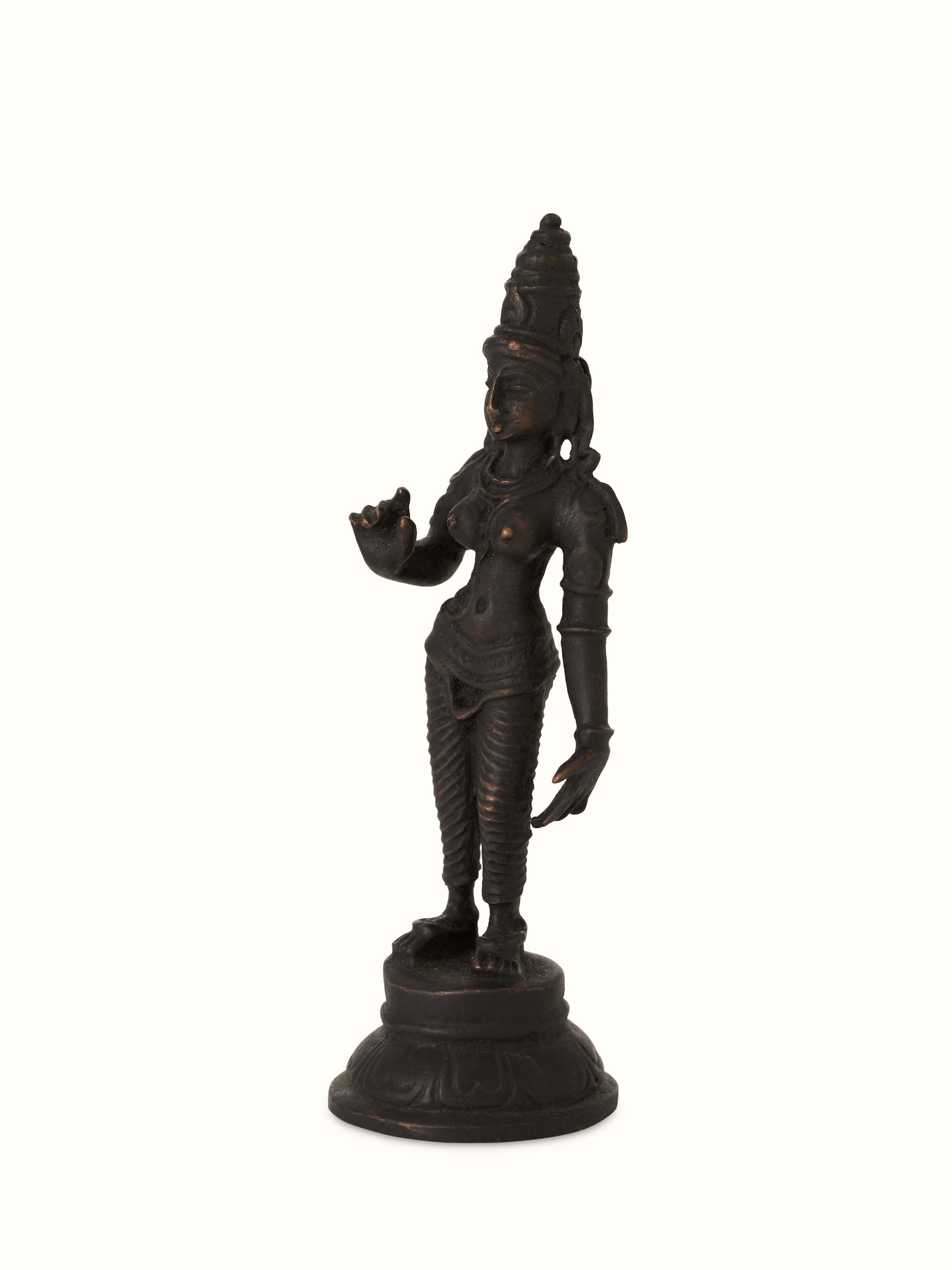 Detailed bronze casting of Goddess Parvathi idol with emphasis on traditional design elements.