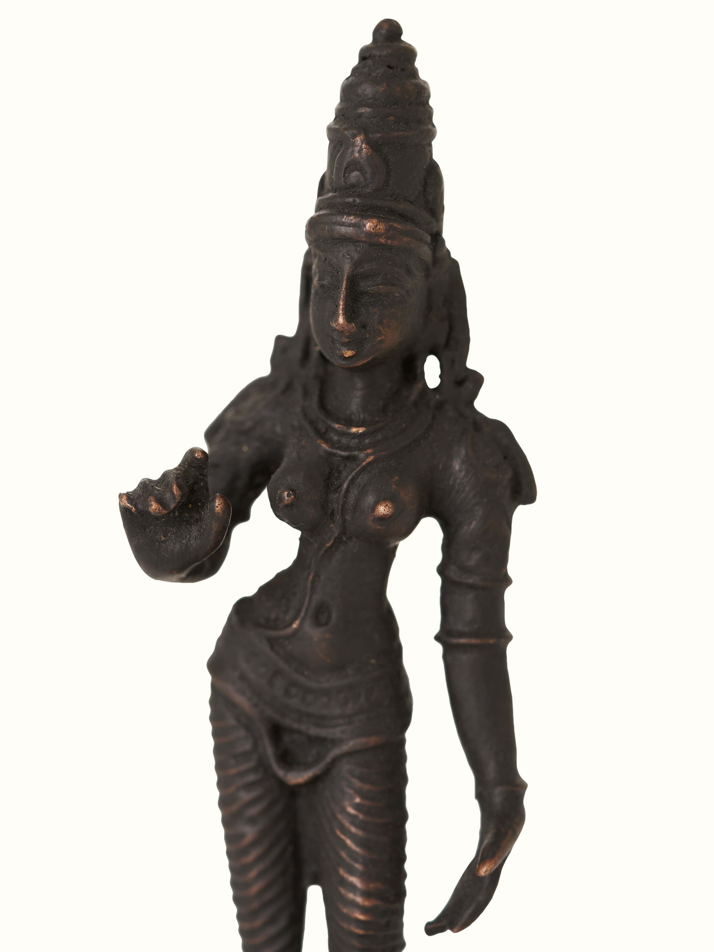 Revered bronze casting of Goddess Parvathi idol highlighting its artistic details and finish.