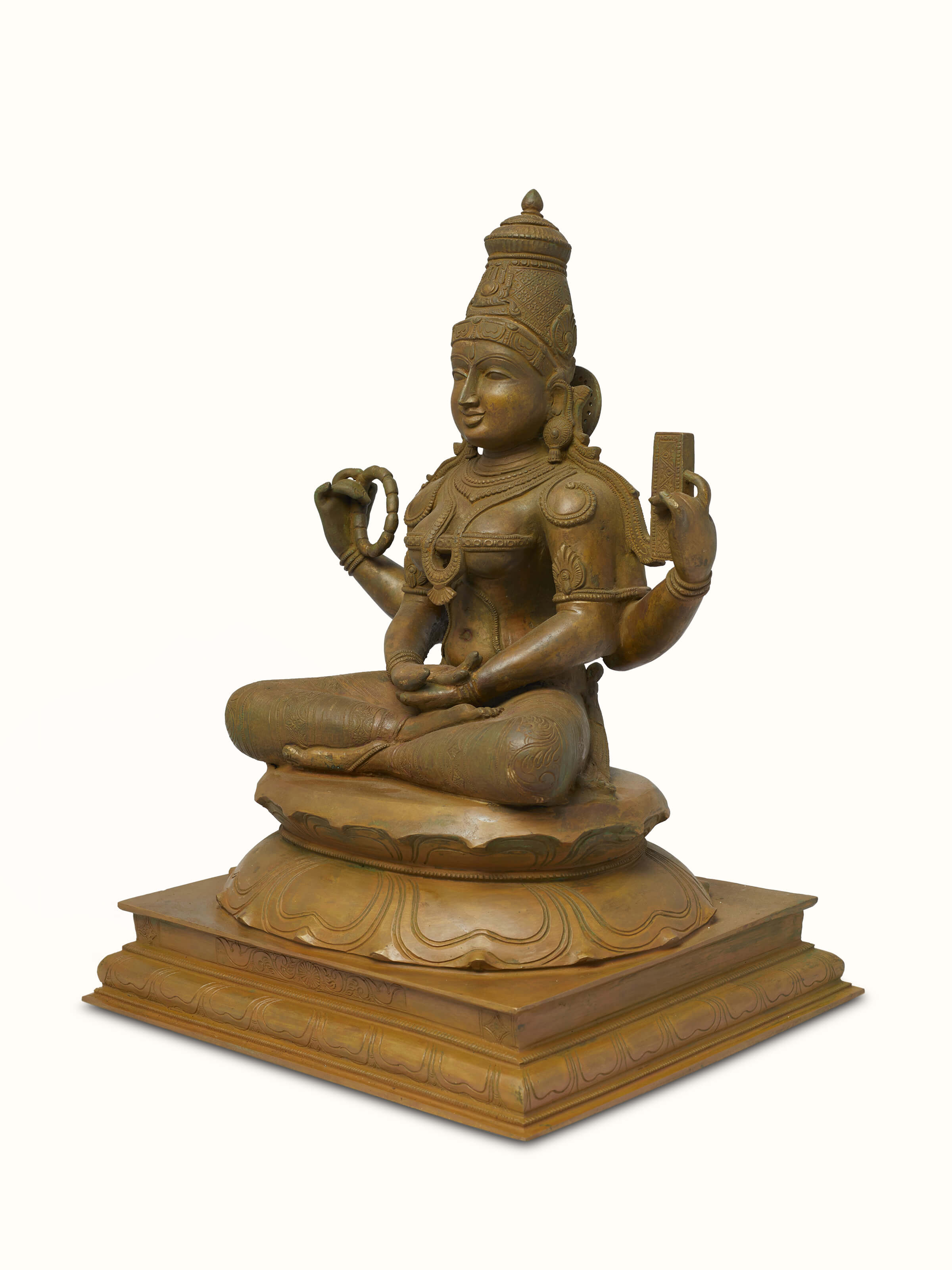 Front view of Mystical Saraswati bronze casting idol, showcasing the detailed bronze craftsmanship and design.