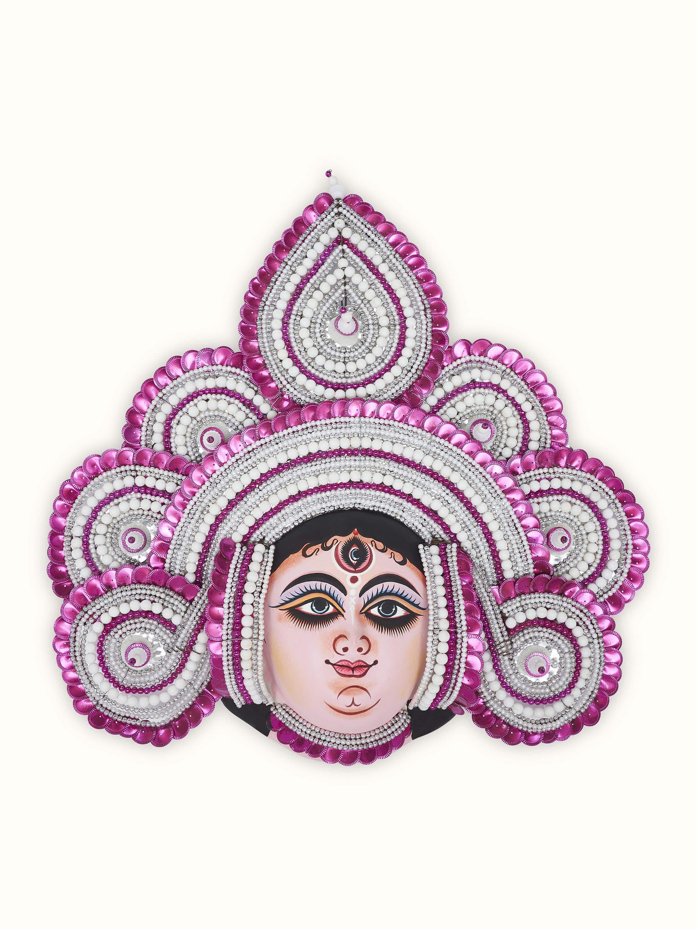 Front view of Pink Chhau Clay & Paper Goddess Durga Wall Mask showcasing the vibrant colors and intricate design.