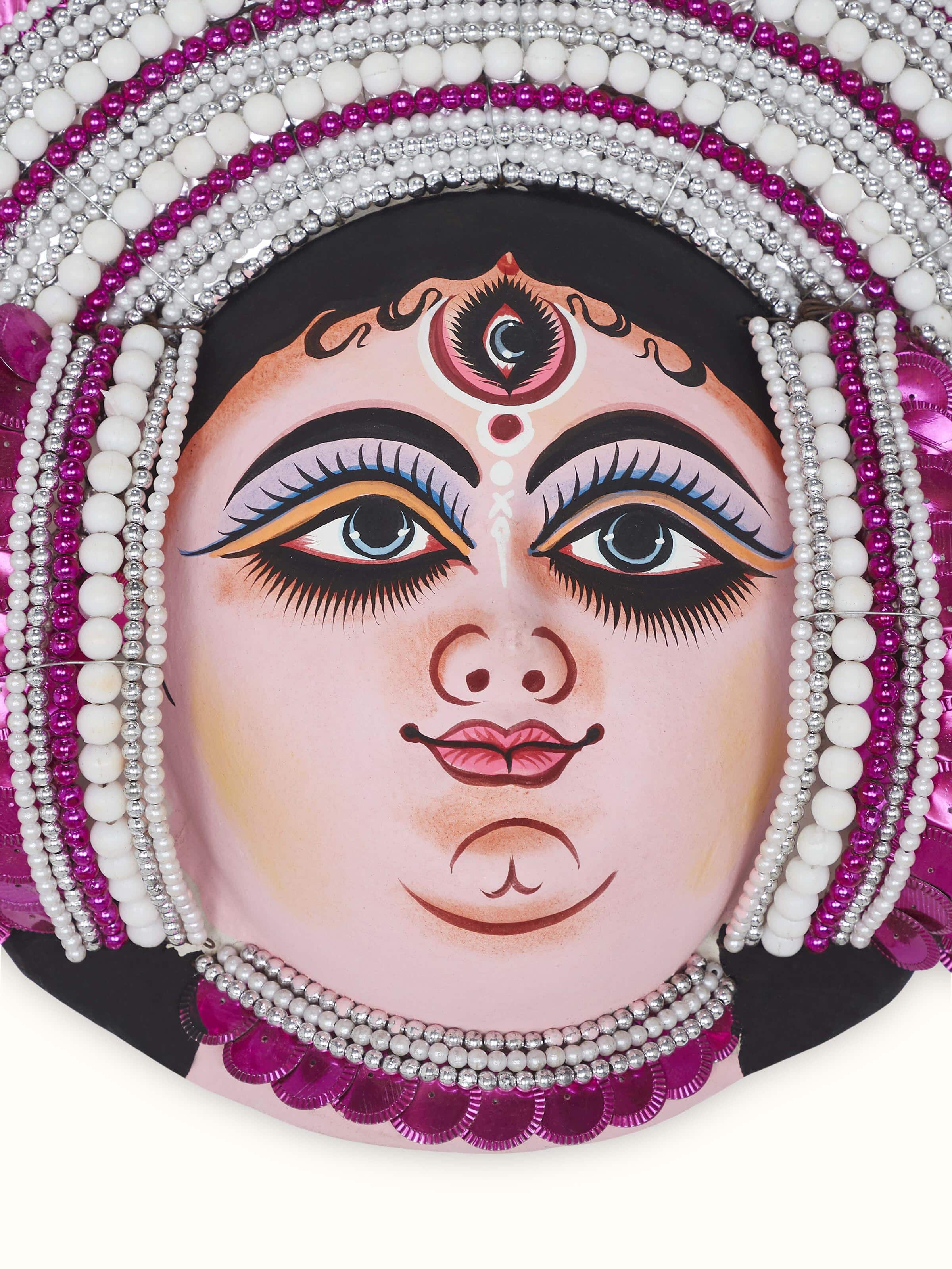 Detail view of Pink Chhau Clay & Paper Goddess Durga Wall Mask focusing on the fine details and craftsmanship.
