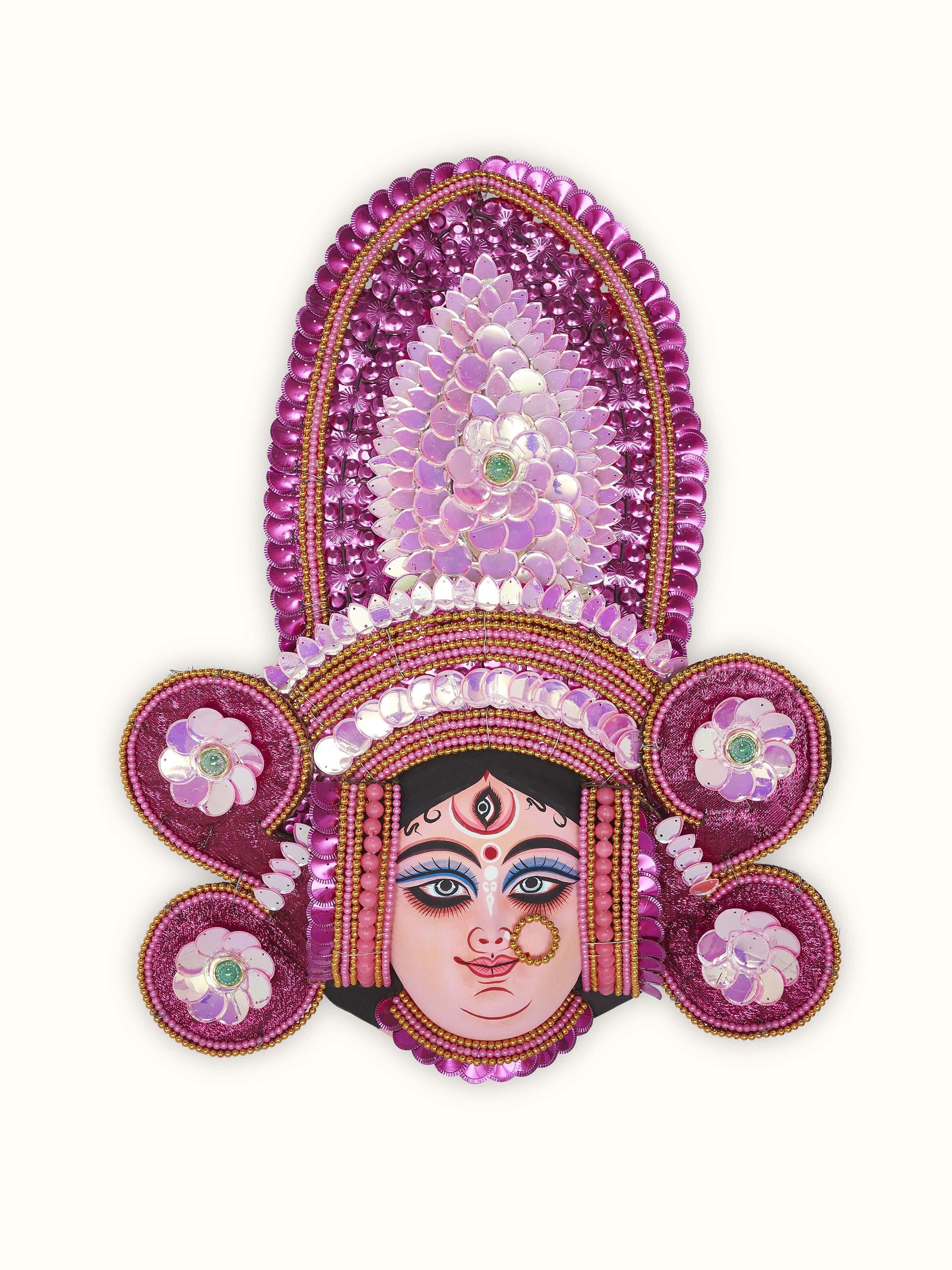 Front view of Dark Pink Chhau Clay & Paper Goddess Durga Wall Mask, showcasing the vibrant pink color and detailing.