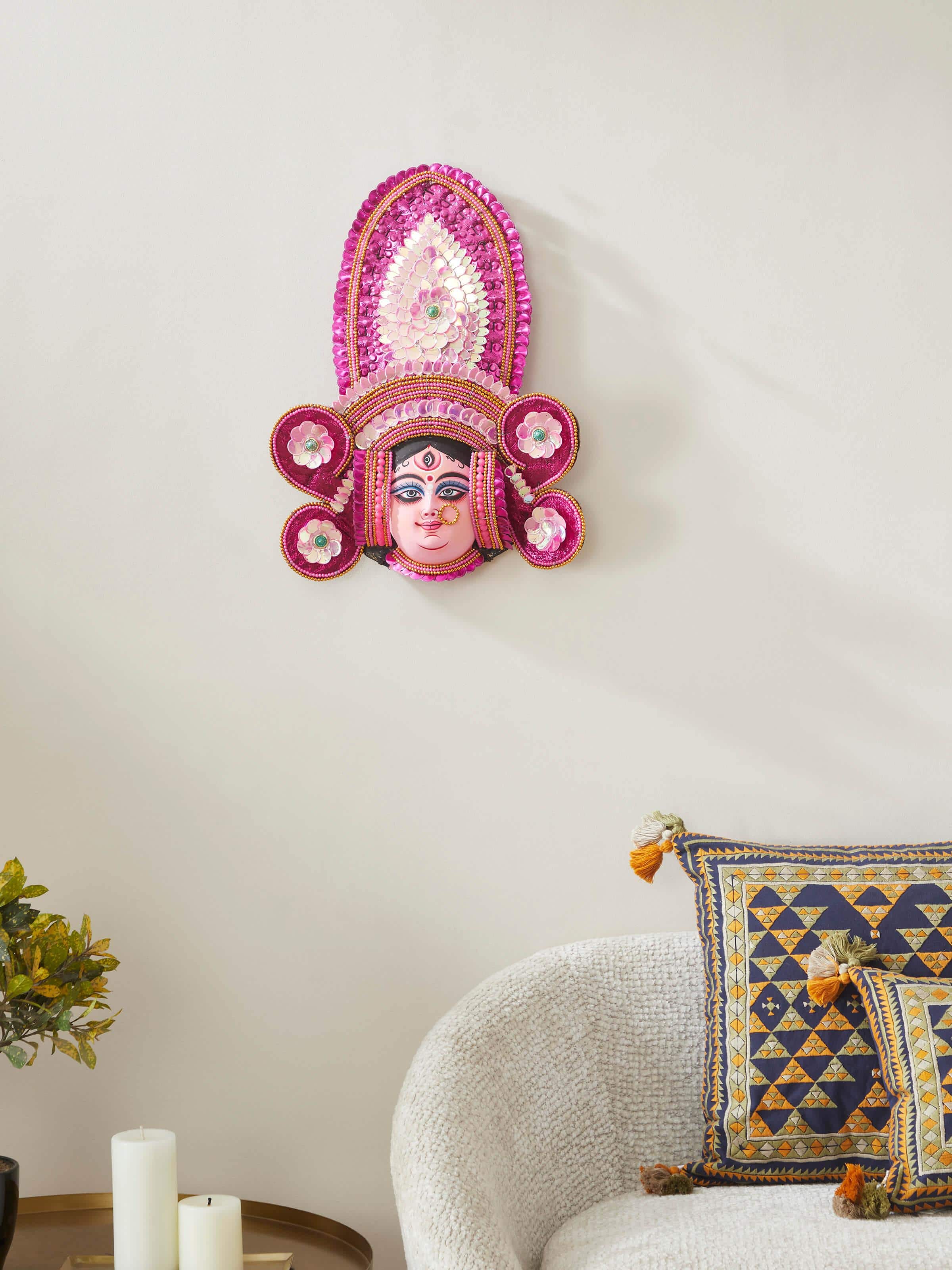 Side view of Dark Pink Chhau Clay & Paper Goddess Durga Wall Mask, highlighting the intricate clay and paper texture.