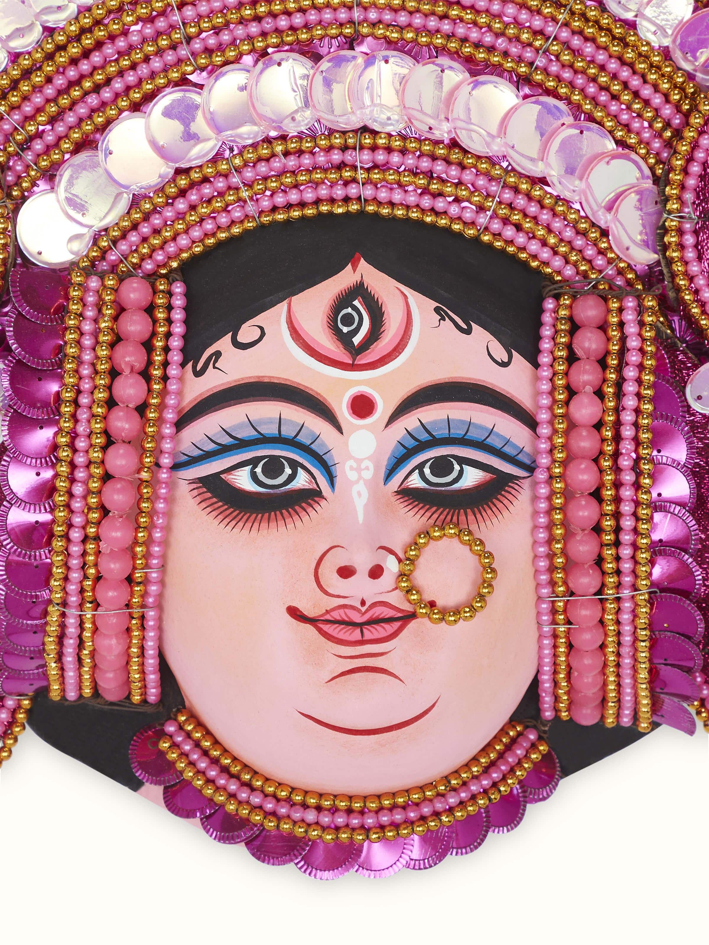 Close-up view of Dark Pink Chhau Clay & Paper Goddess Durga Wall Mask, focusing on the detailed craftsmanship and design.