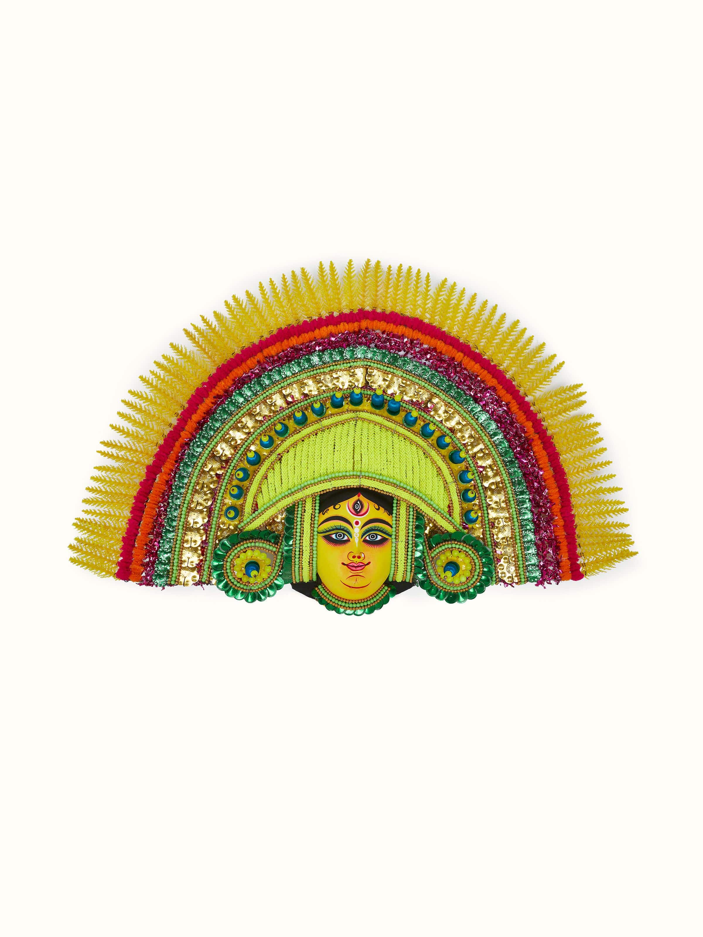 Detailed view of a clay and paper Chhau wall mask, showcasing vibrant colors and traditional design elements.