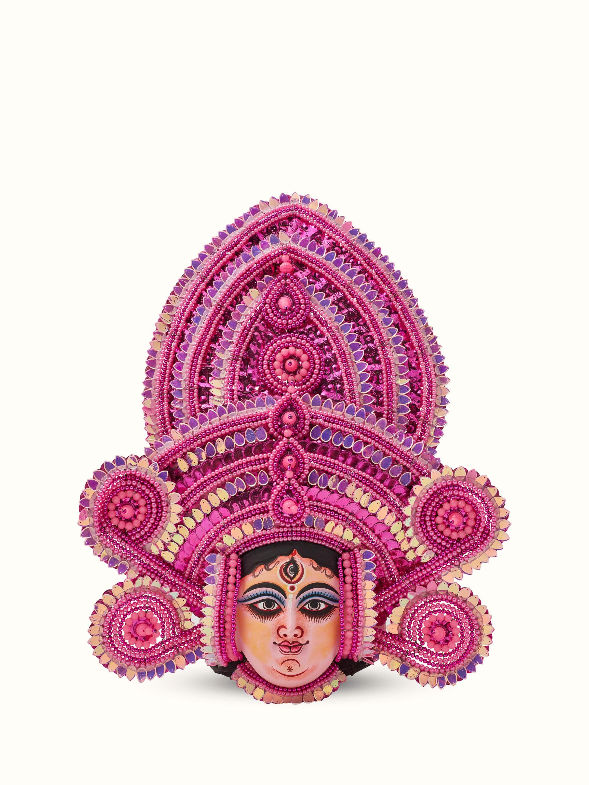Front view of Chhau Clay & Paper Goddess Wall Mask, showcasing the intricate hand-painted features and vibrant traditional craftsmanship.