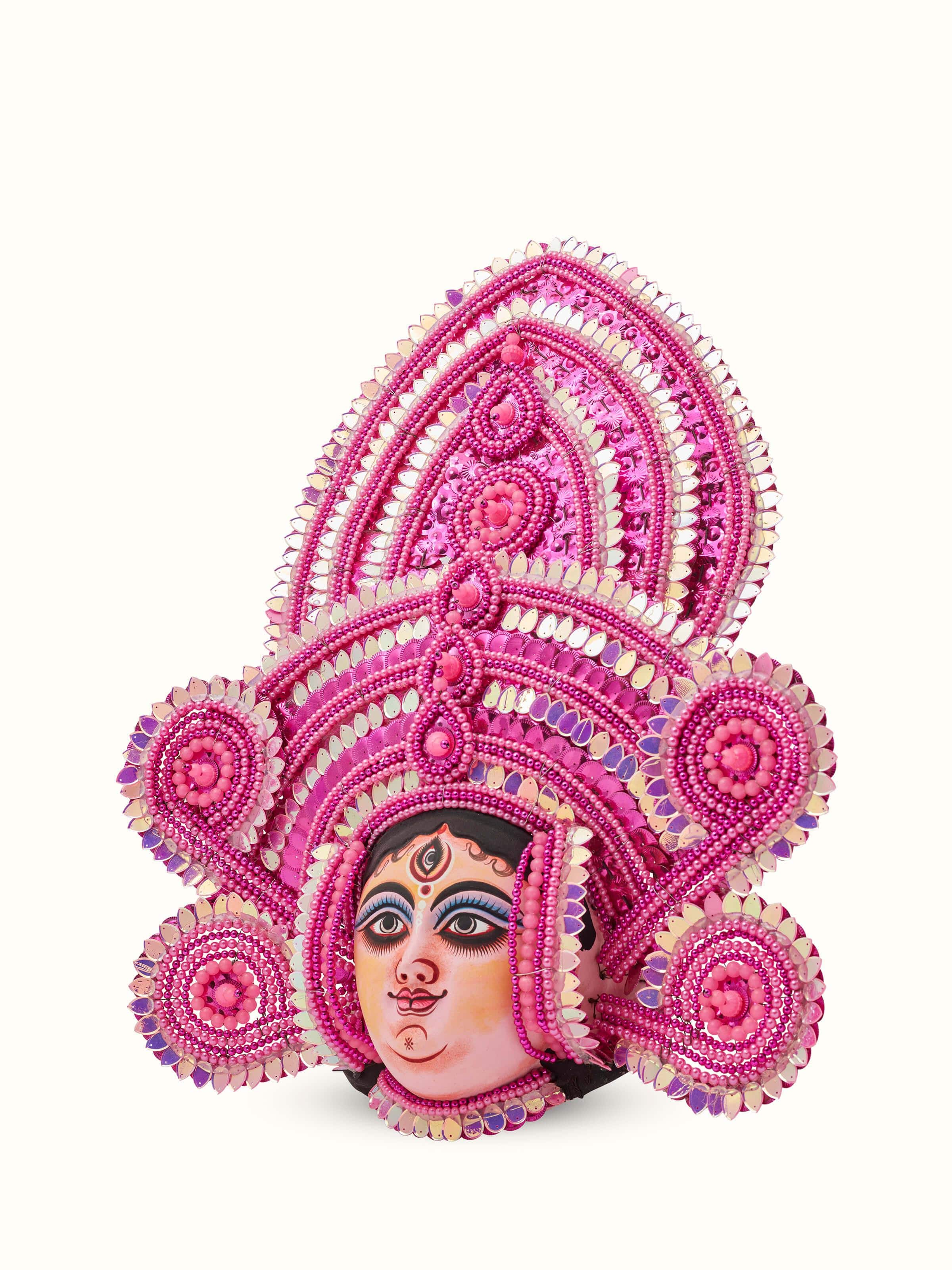 Angled view of Chhau Clay & Paper Goddess Wall Mask, emphasizing the dimensional clay detailing and expressive facial design.