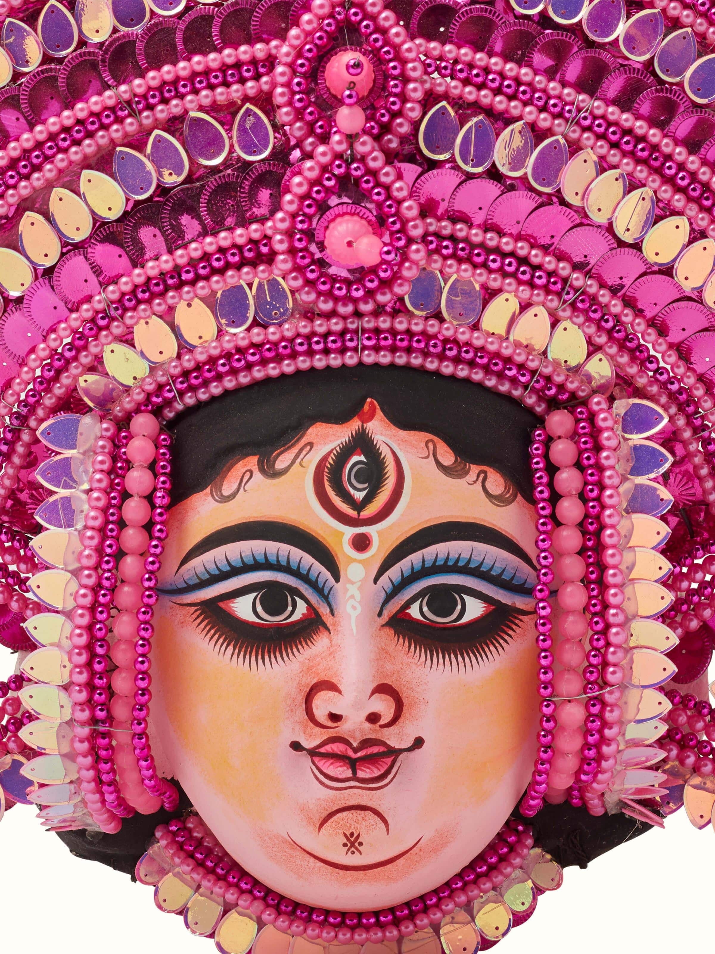Close-up view of Chhau Clay & Paper Goddess Wall Mask, highlighting the fine paper-mâché textures and artistic embellishments.