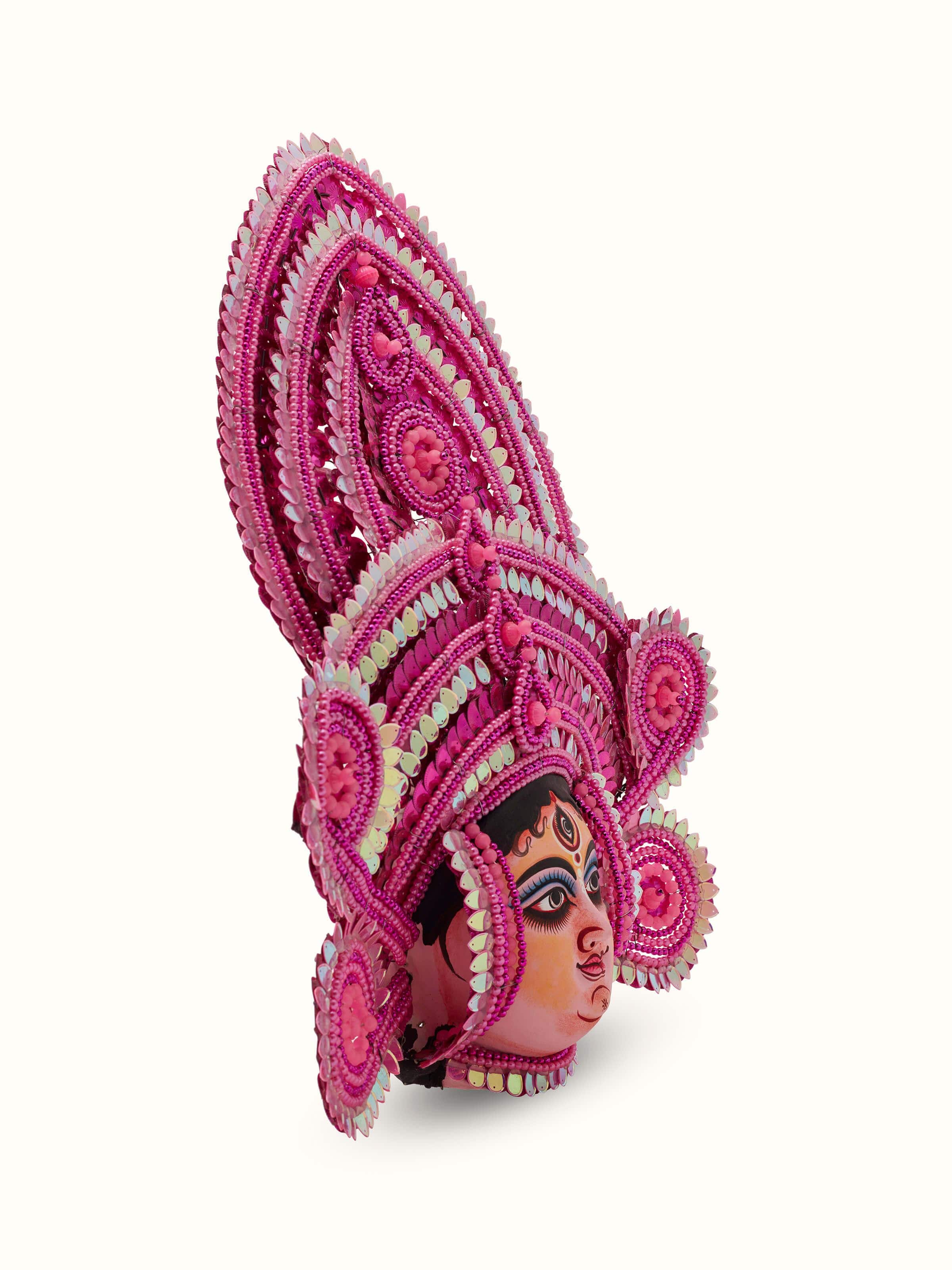 Side view of Chhau Clay & Paper Goddess Wall Mask, displaying the layered depth and vibrant hues of this folk art masterpiece.