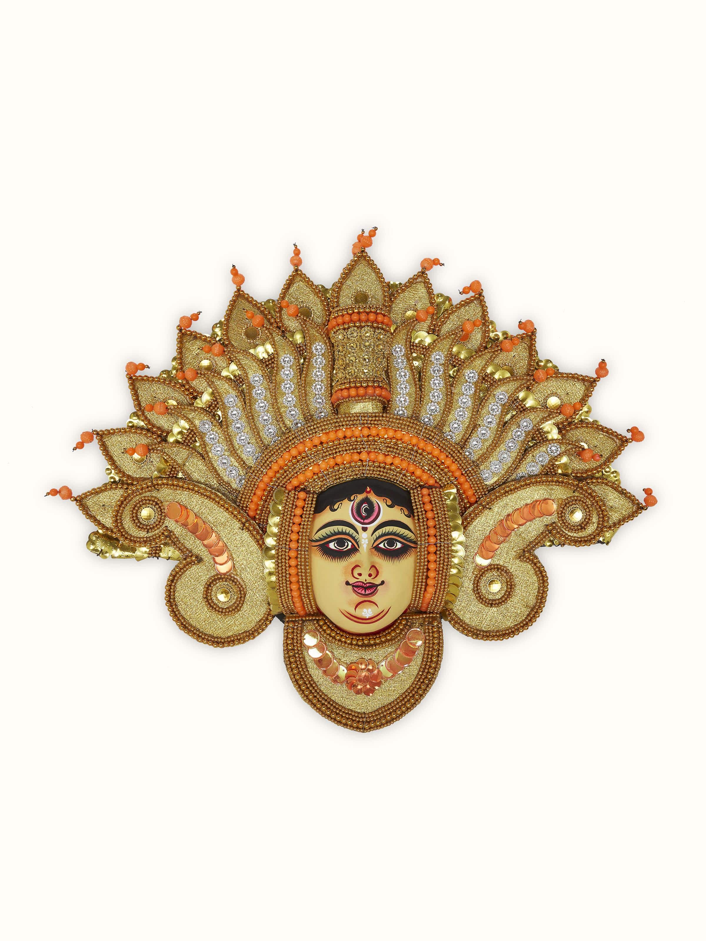 Clay and paper Chhau Devi wall mask with vibrant colors and intricate details.