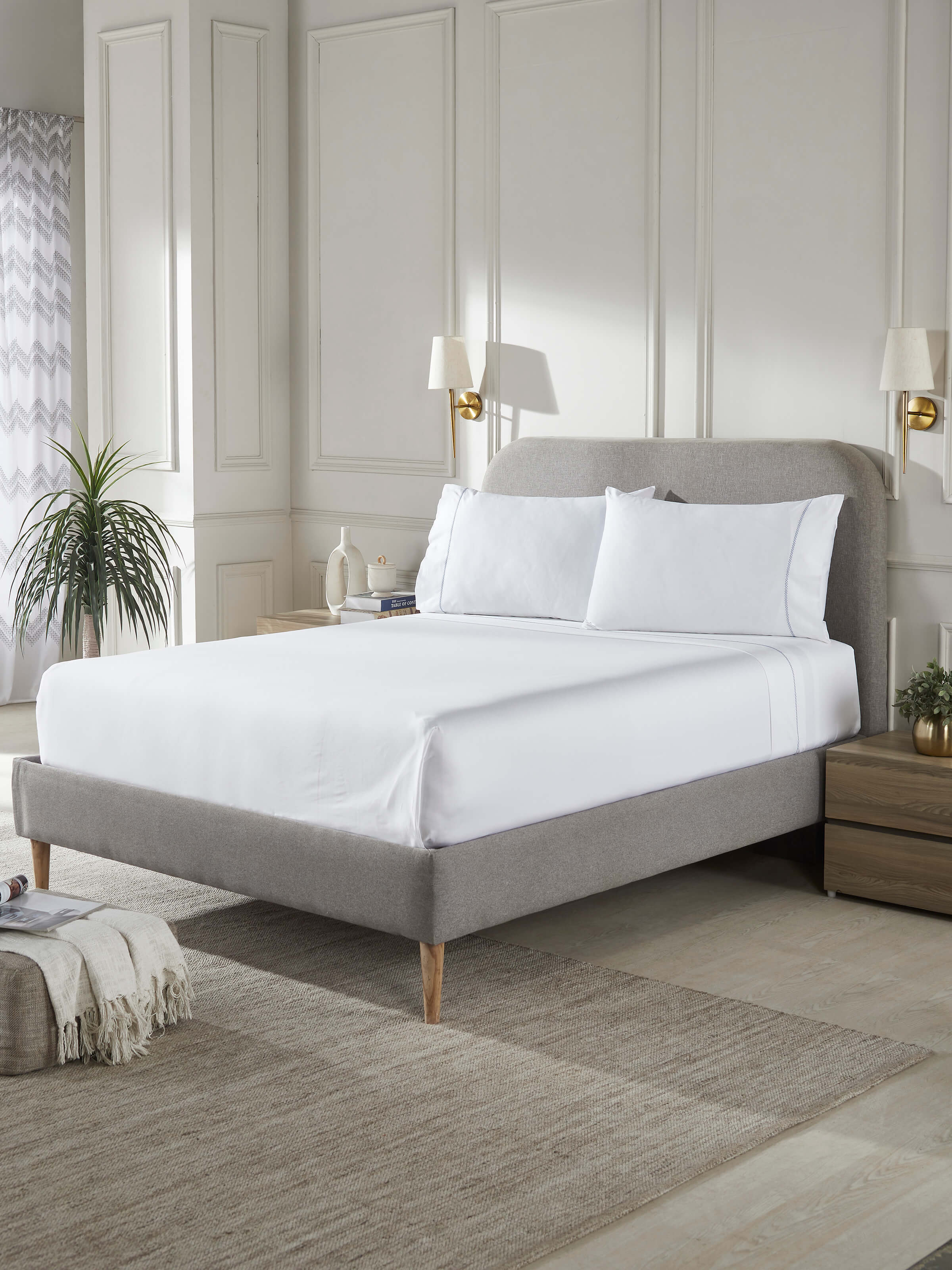 Parvat blue stripe cotton king bedsheet set featuring intricate hand-embroidered stripes