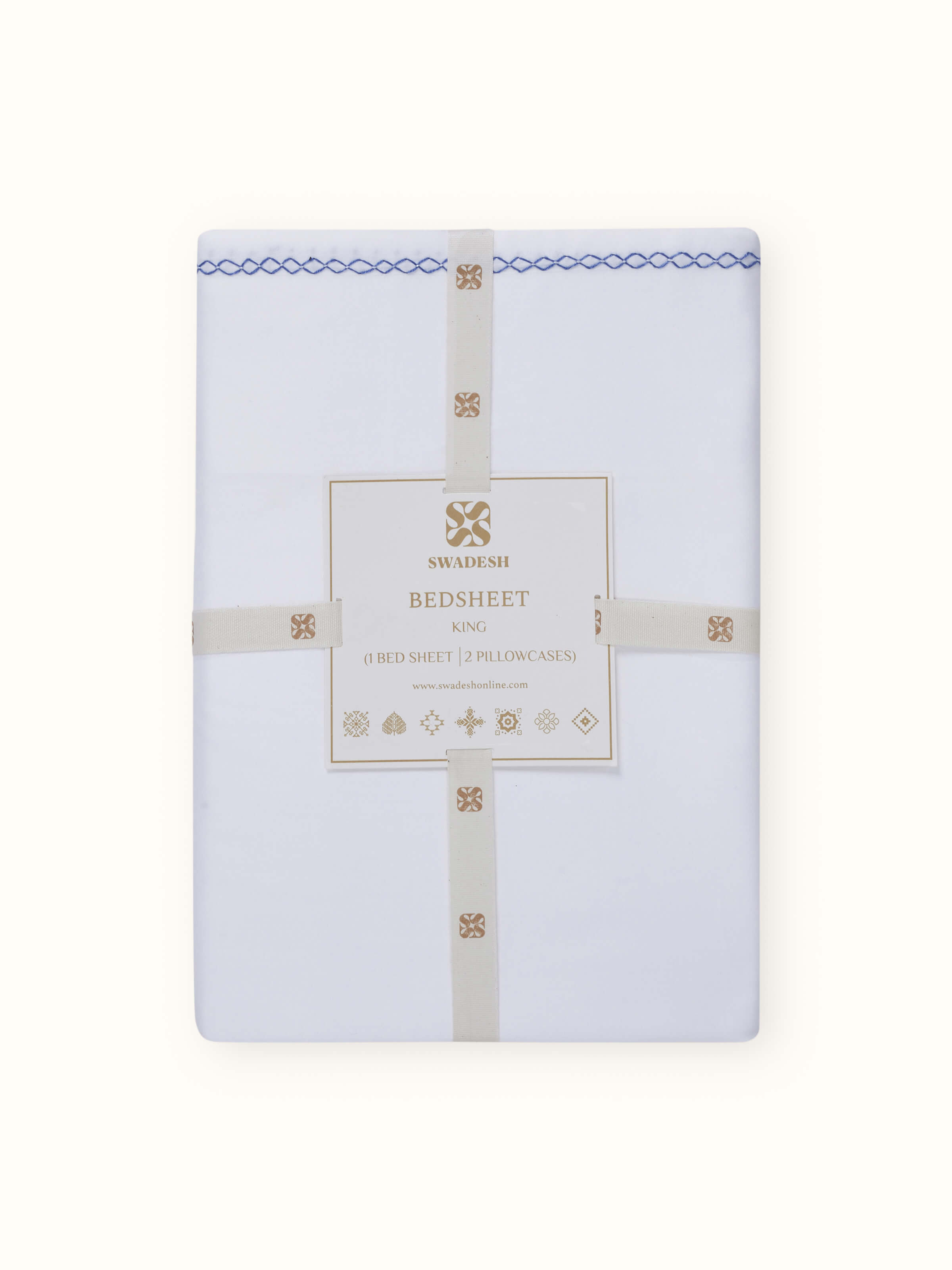 Parvat blue stripe cotton hand-embroidered king bedsheet set showing the texture and design