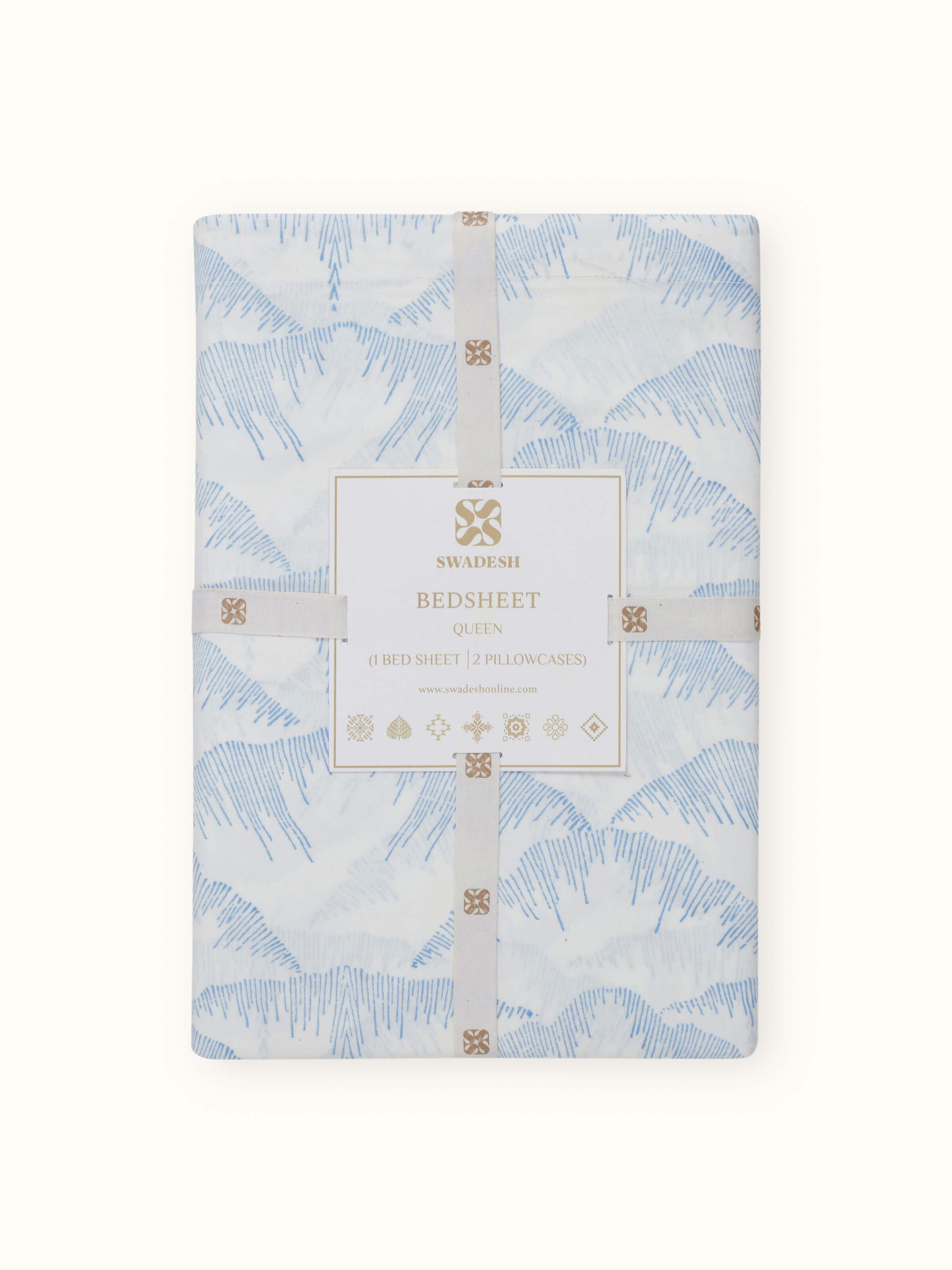 Angled view of Parvat blue textured cotton Sanganeri block printed queen bedsheet set emphasizing the pattern and color