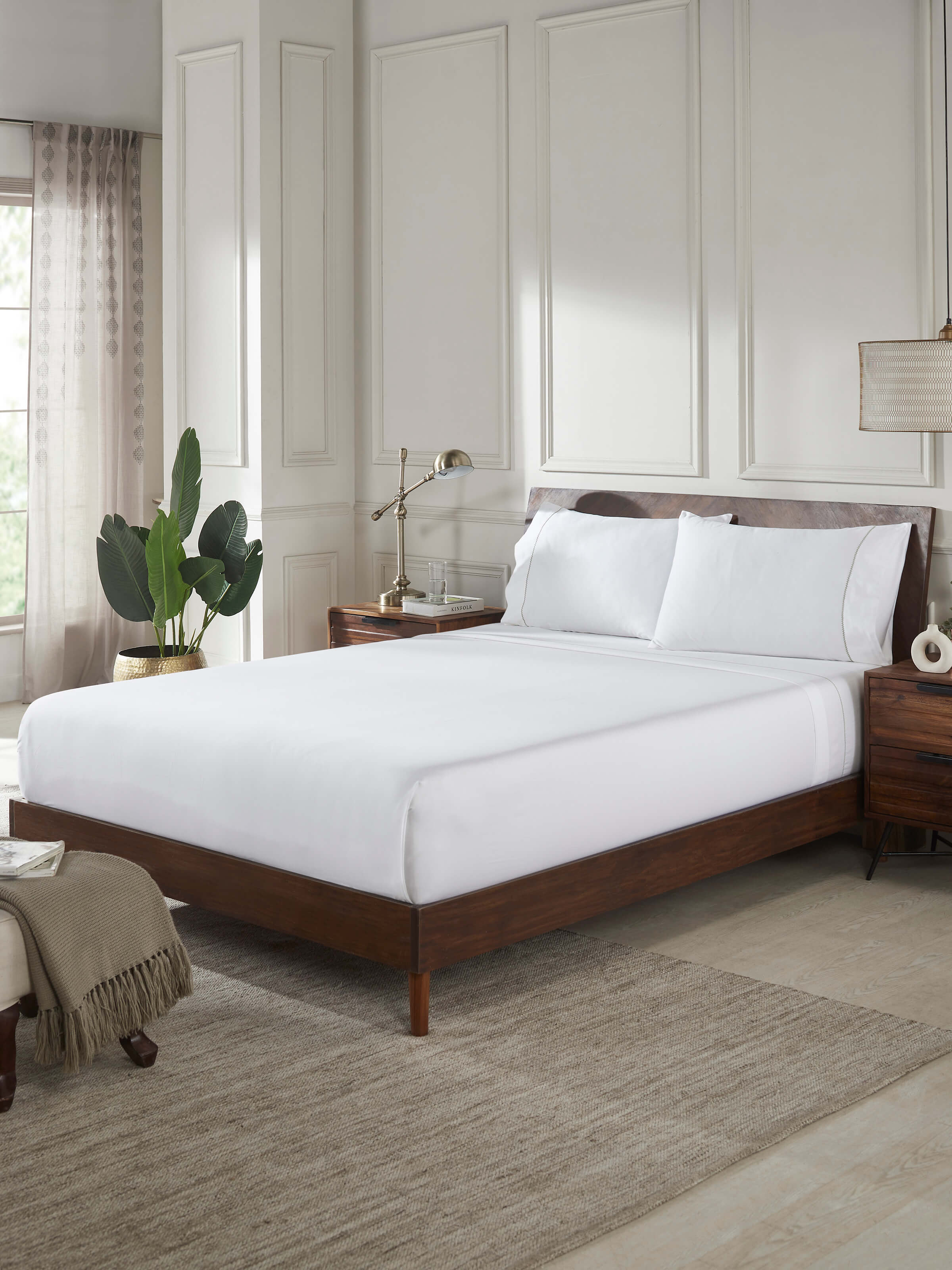 Full view of Parvat beige stripe cotton hand embroidered bedsheet king set displaying the elegant beige stripes and intricate embroidery.