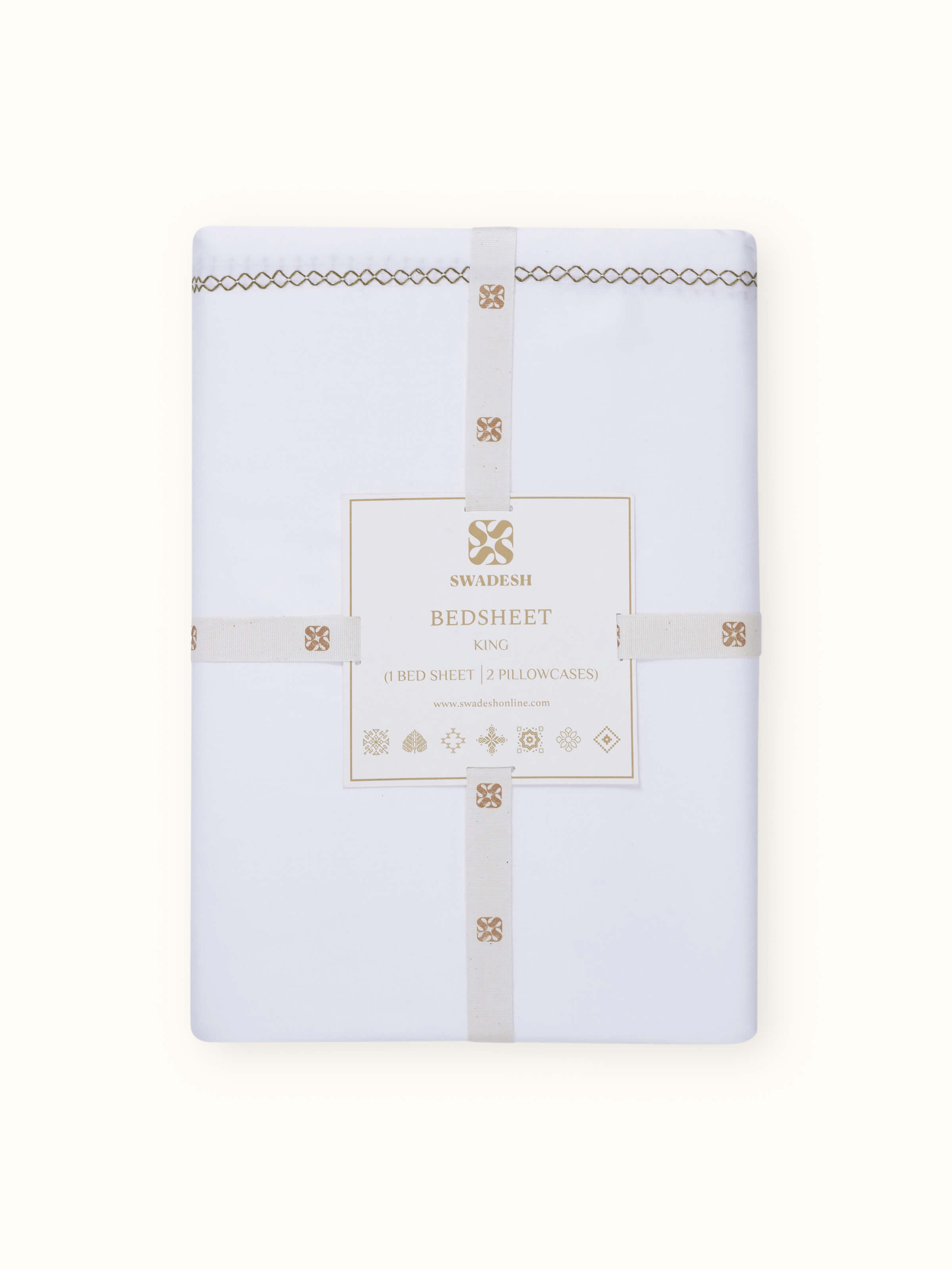 Detailed view of Parvat beige stripe cotton hand embroidered bedsheet king set focusing on the hand-embroidered patterns and stripe texture.