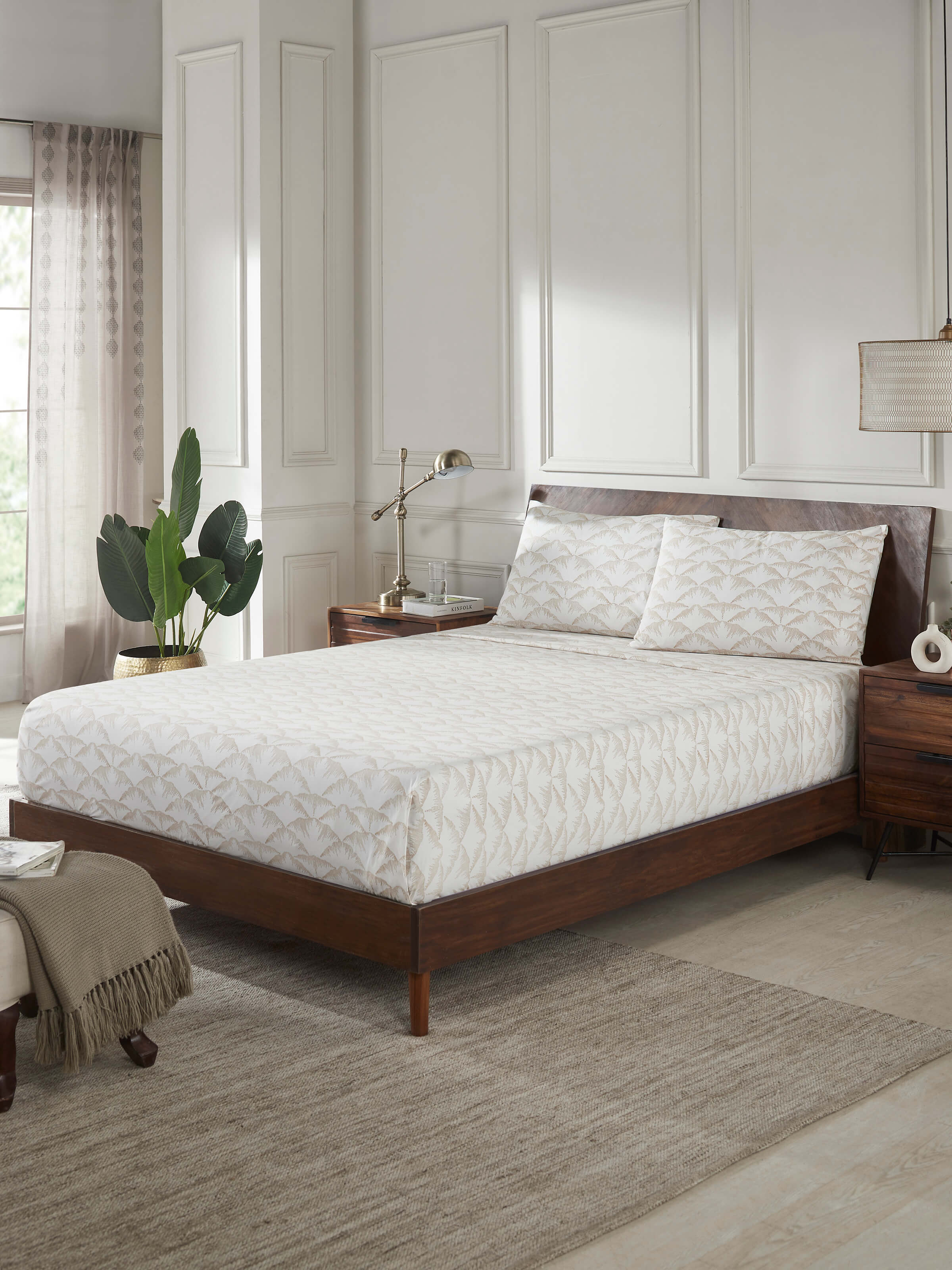 Parvat beige textured cotton Sanganeri block printed king bedsheet set, displaying the design and texture in a laid-out view.