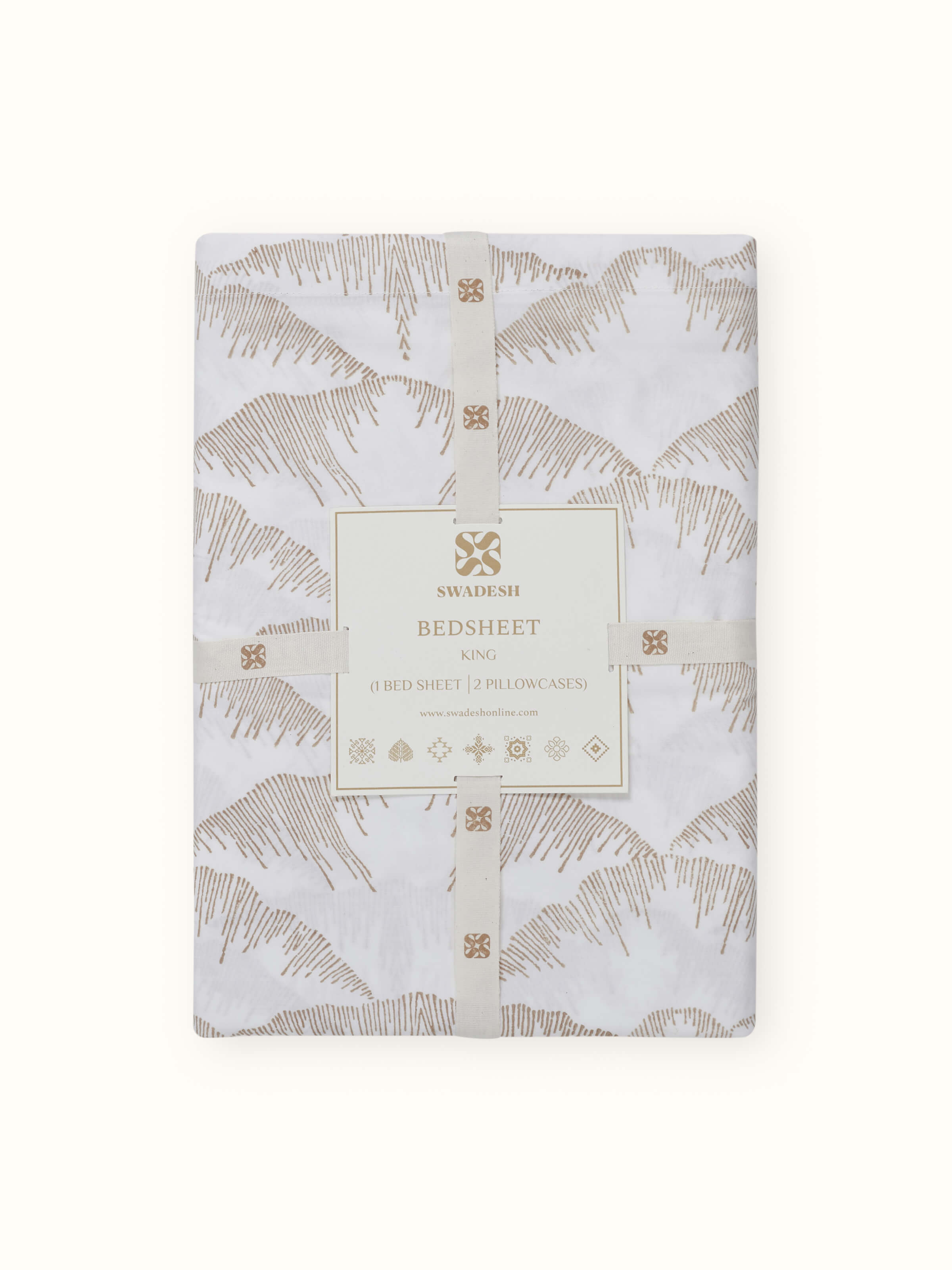 The Parvat beige textured cotton Sanganeri block printed king bedsheet set with accompanying pillow covers, displaying the full set.