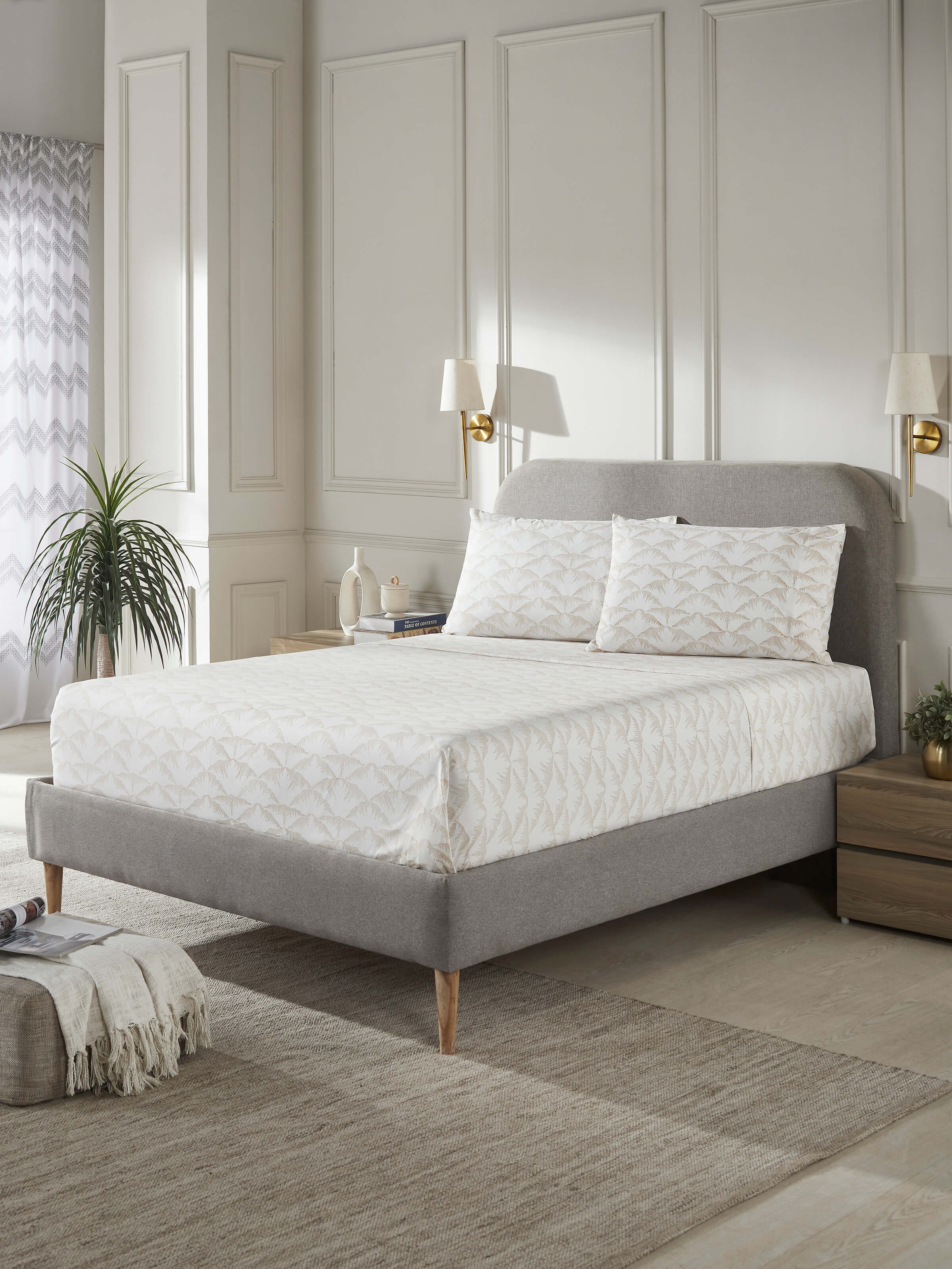 Detailed view of Parvat beige textured cotton Sanganeri block printed queen bedsheet set (3 pcs) emphasizing the print and fabric.