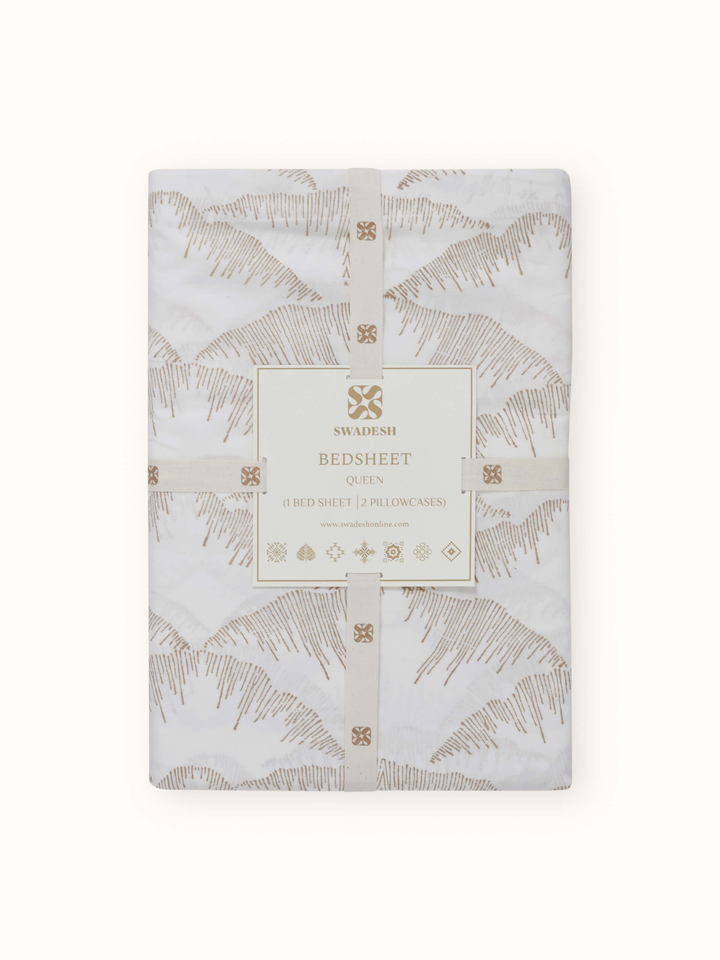 Parvat beige textured cotton Sanganeri block printed queen bedsheet set (3 pcs) folded to highlight the block print and texture.