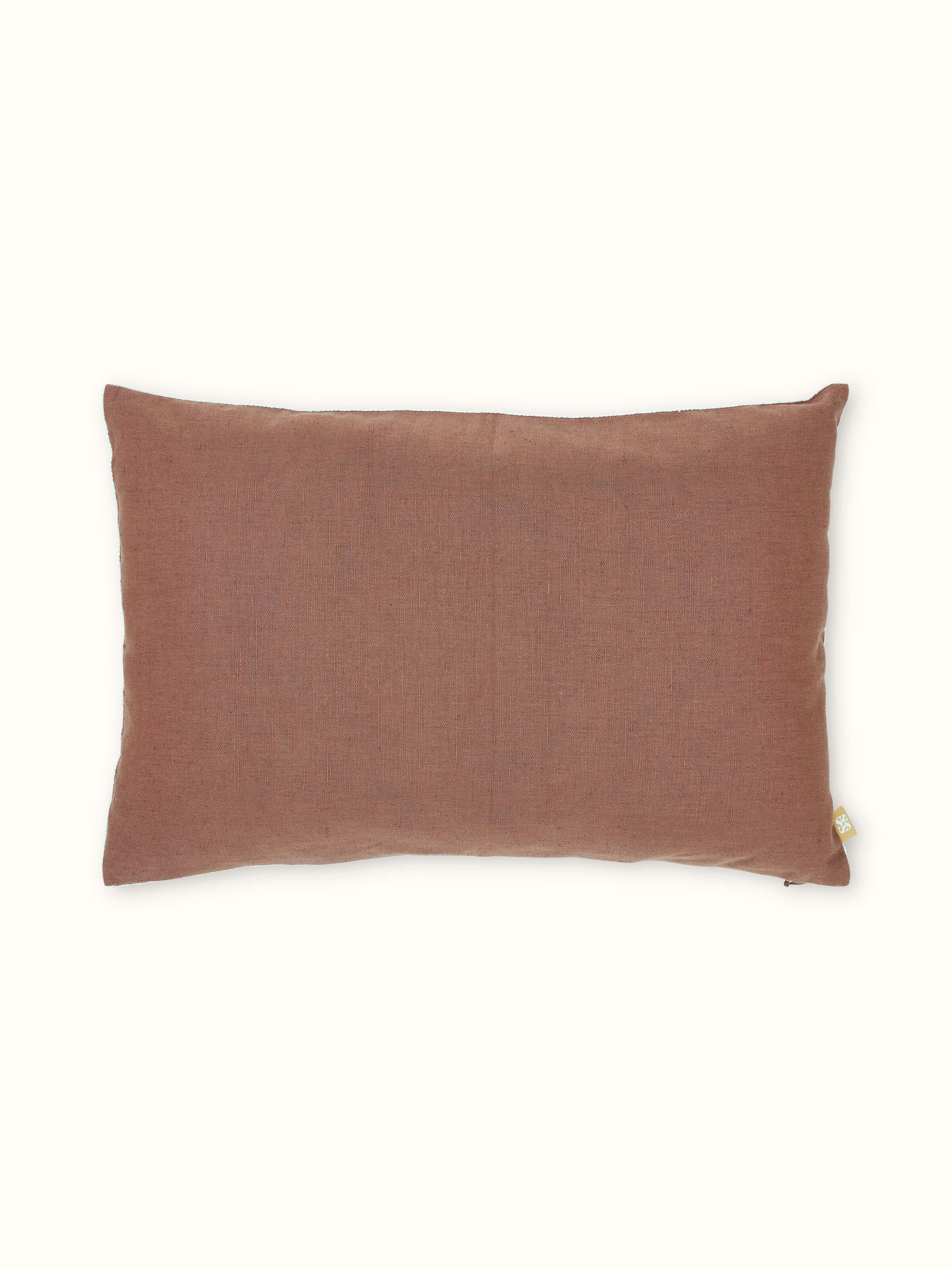 Full view of Parvat brown edge stitch linen cotton cushion cover with embroidered detailing and edge stitch