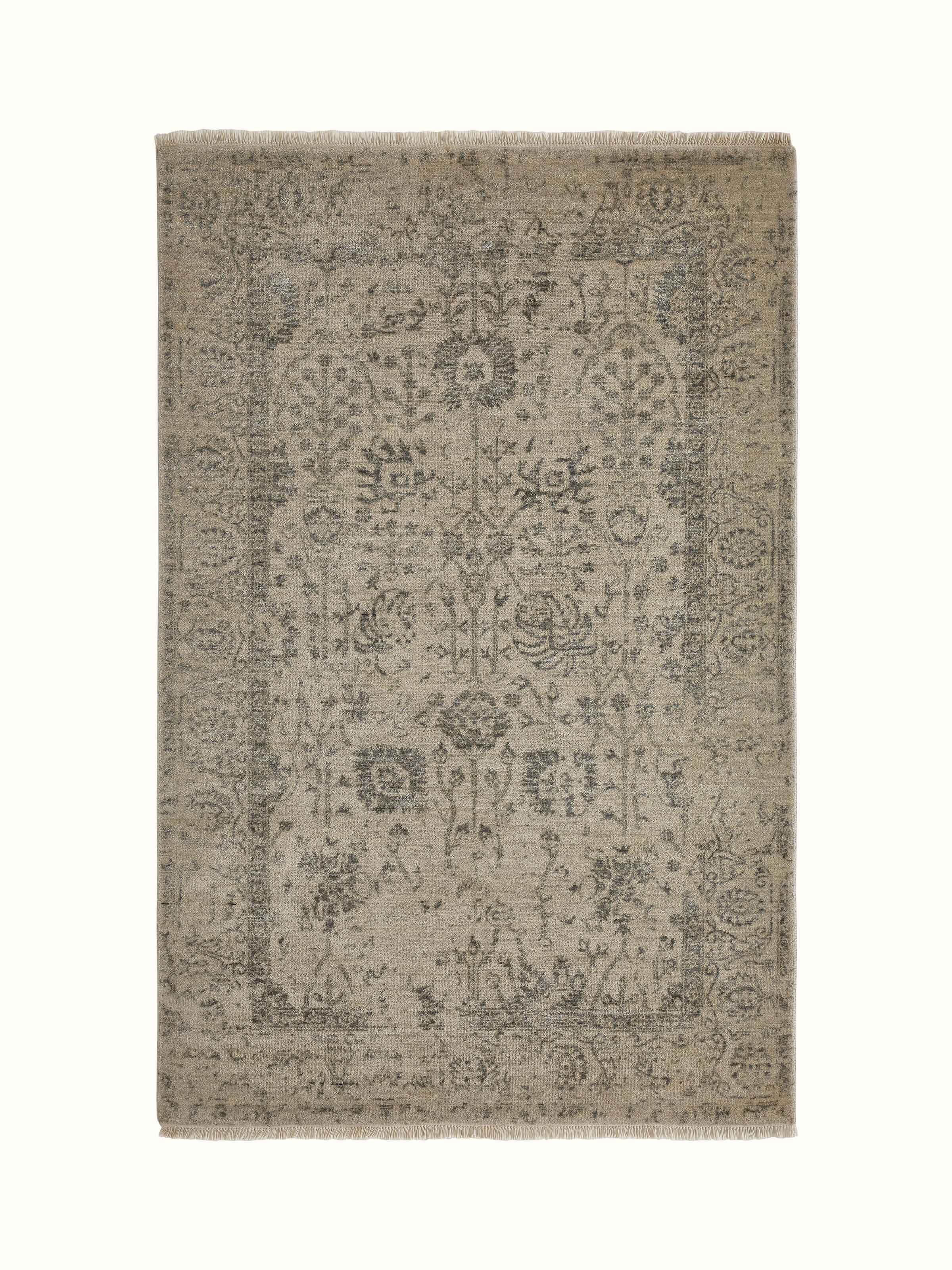 Distressed transitional charcoal Agra wool and viscose hand-knotted carpet with a stylish, contemporary design and rich texture