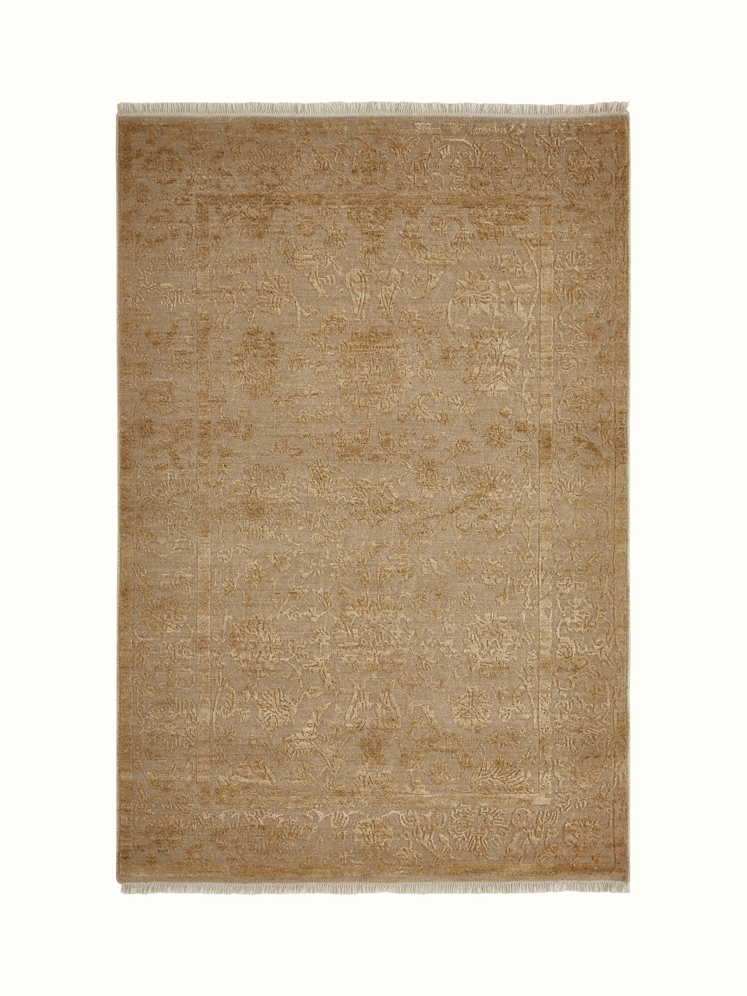 Distressed Transitional Beige Gold Agra Wool & Viscose Hand-knotted Rug