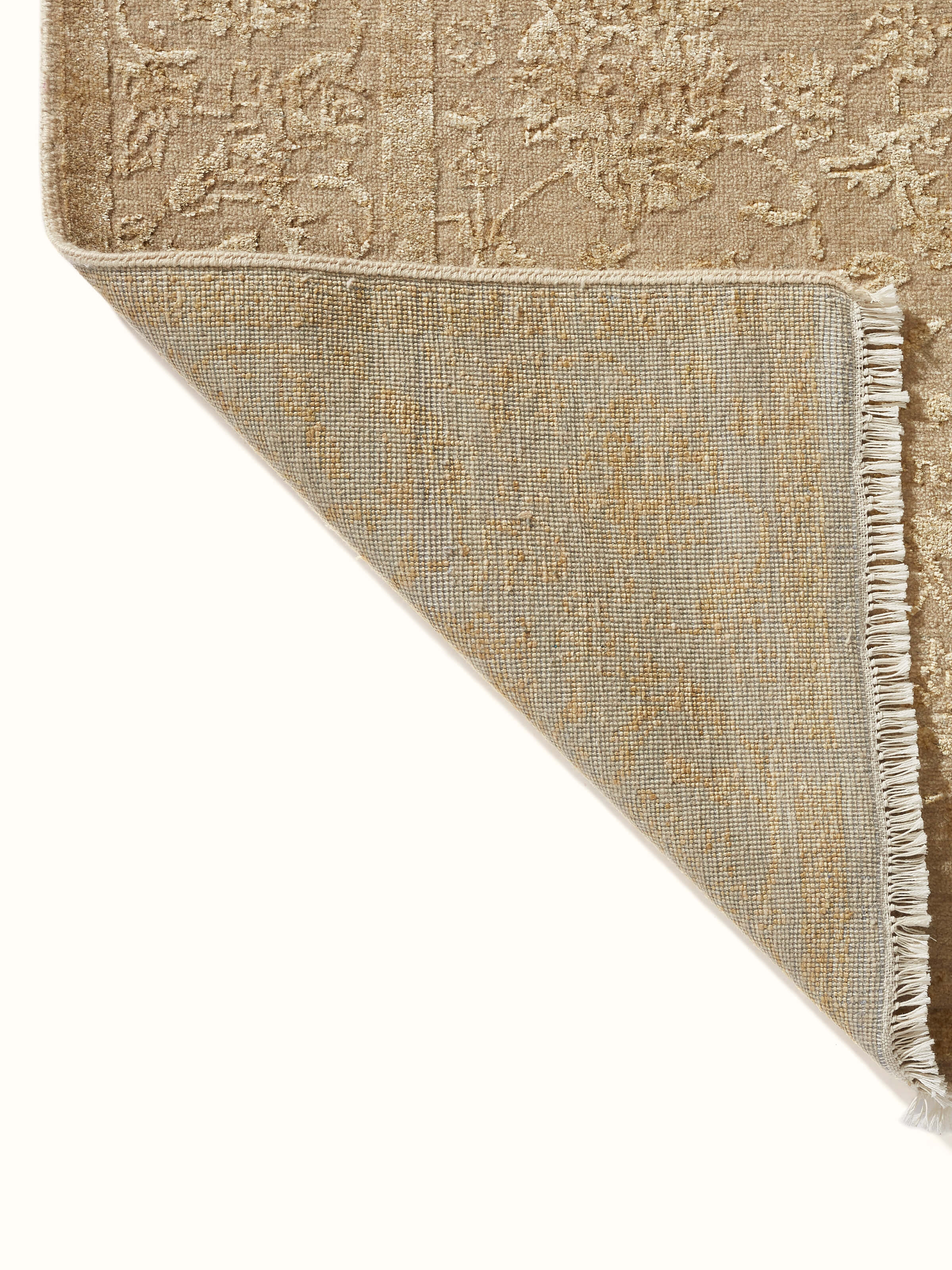 Back Side view of Distressed Transitional Beige Gold Agra Wool & Viscose Hand-Knotted Rug focusing on the textured surface and rich colors.