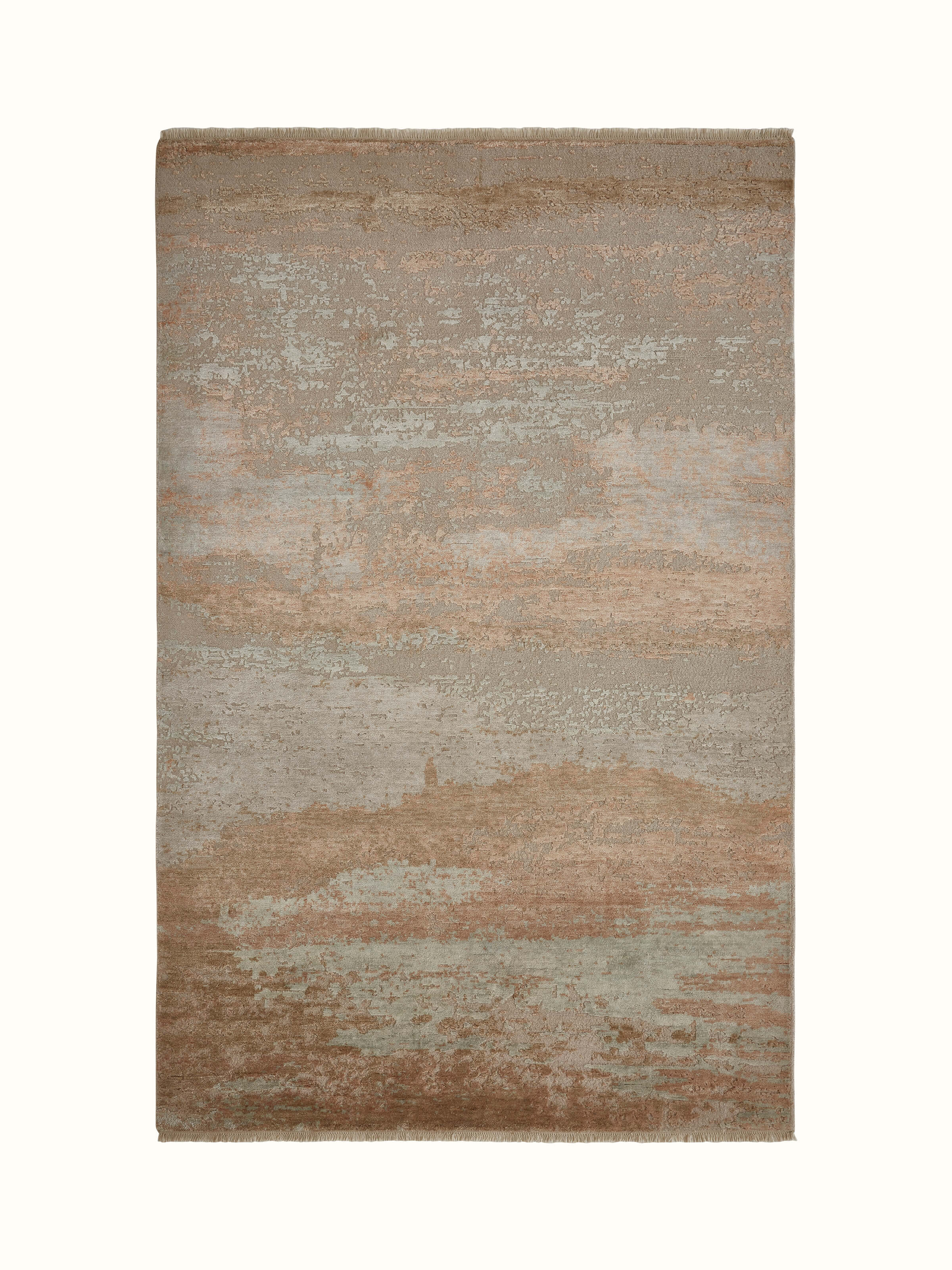 Front view of abstract beige hand-knotted carpet in wool and viscose with modern Agra design