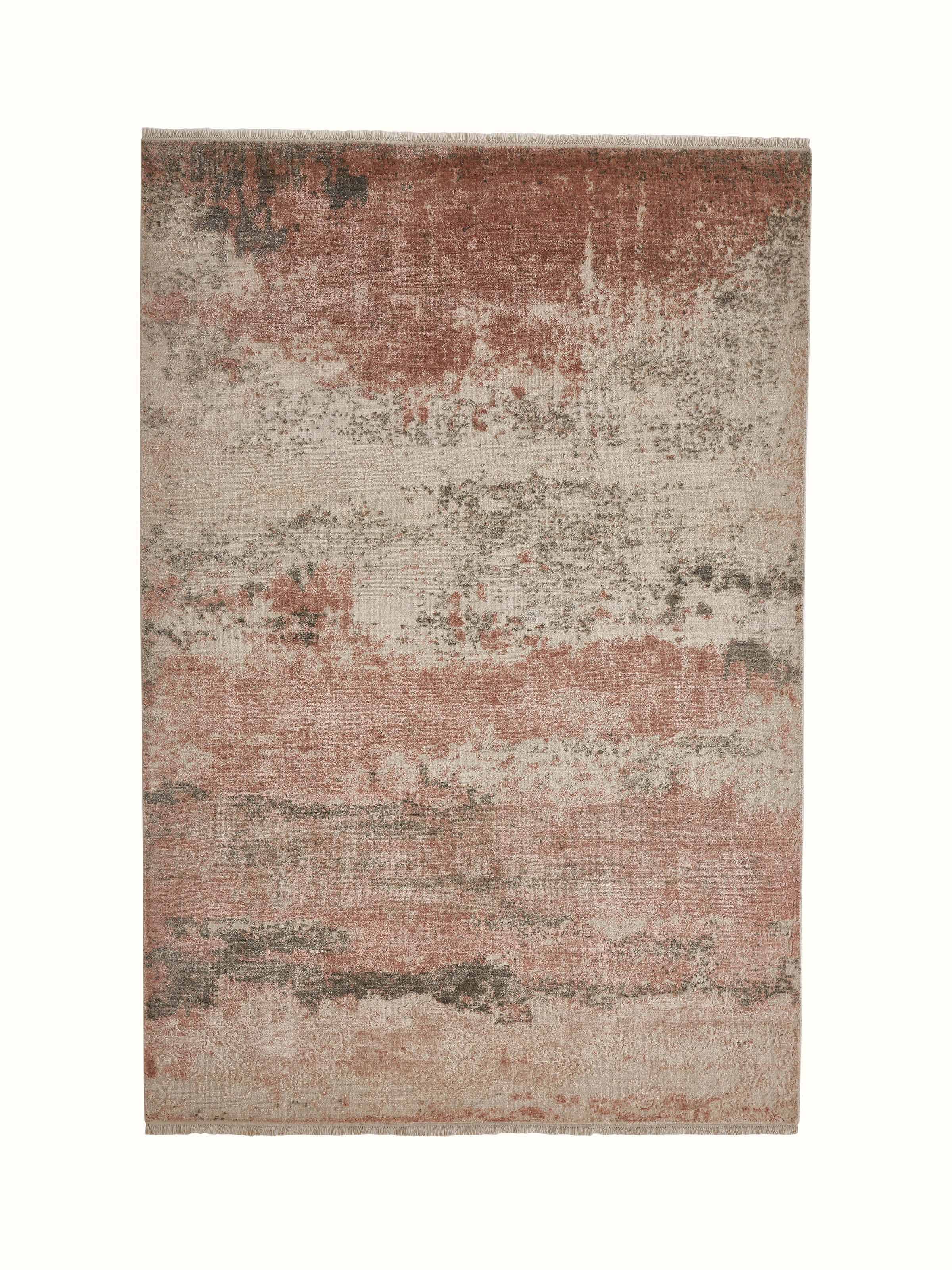 Front view of hand-knotted Agra carpet in peach and grey with modern abstract design.