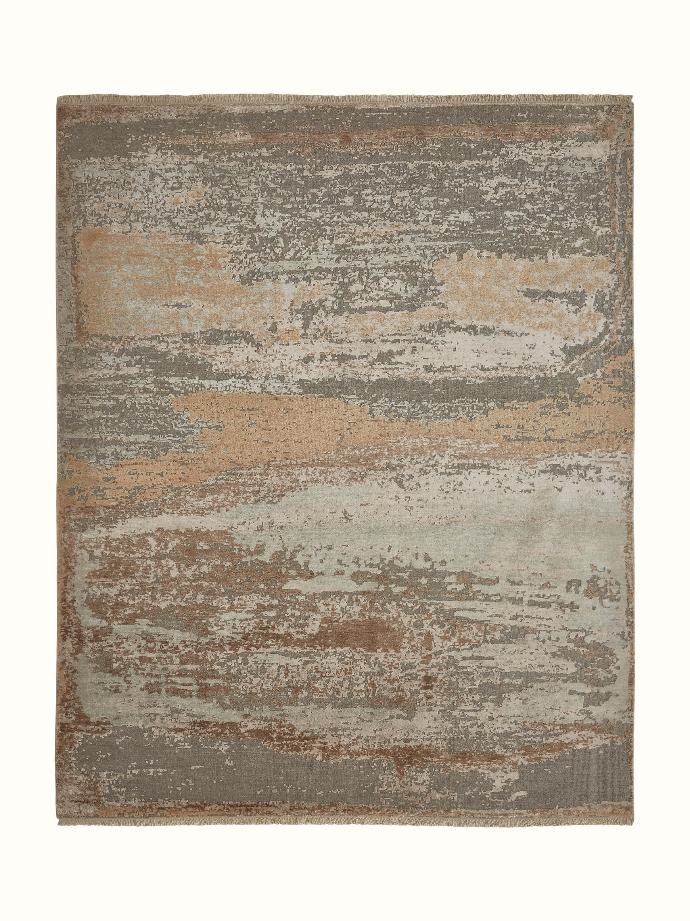 Modern Abstract Grey Beige Agra Wool & Viscose Hand-Knotted Carpet, featuring an abstract design with grey and beige tones.