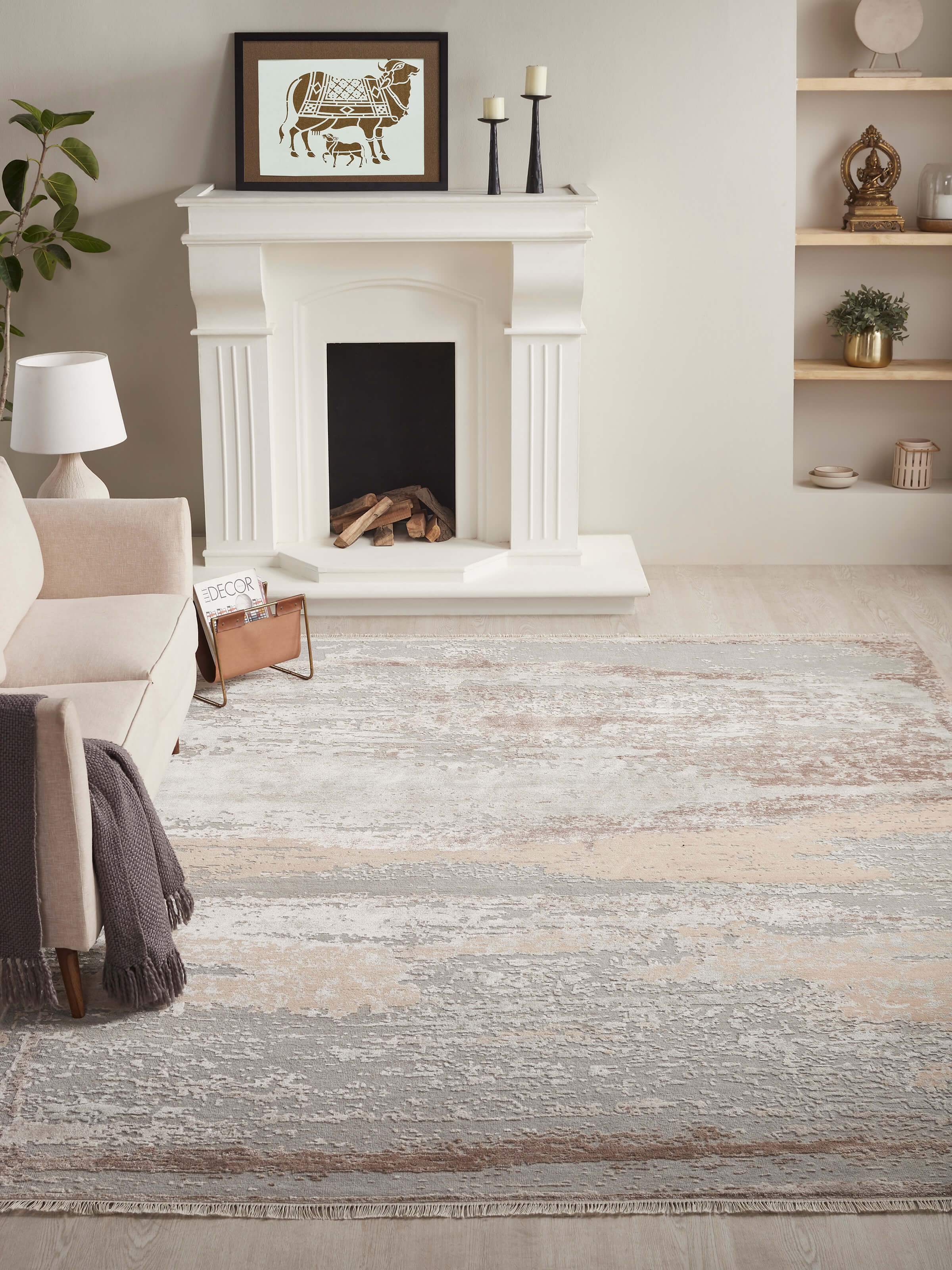 Close-up view of Modern Abstract Grey Beige Agra Wool & Viscose Hand-Knotted Carpet, highlighting the intricate pattern details.