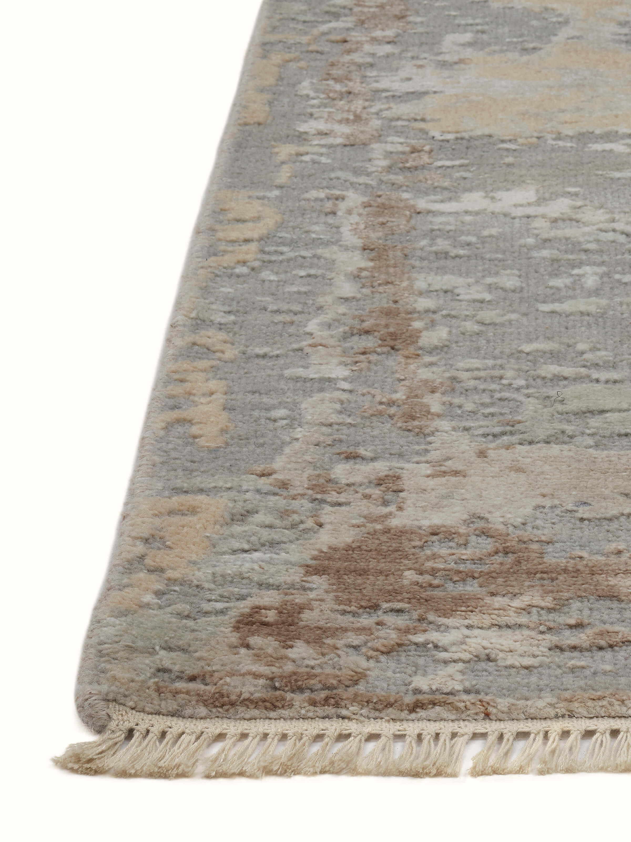 Full view of Modern Abstract Grey Beige Agra Wool & Viscose Hand-Knotted Carpet, showing the overall design and texture.