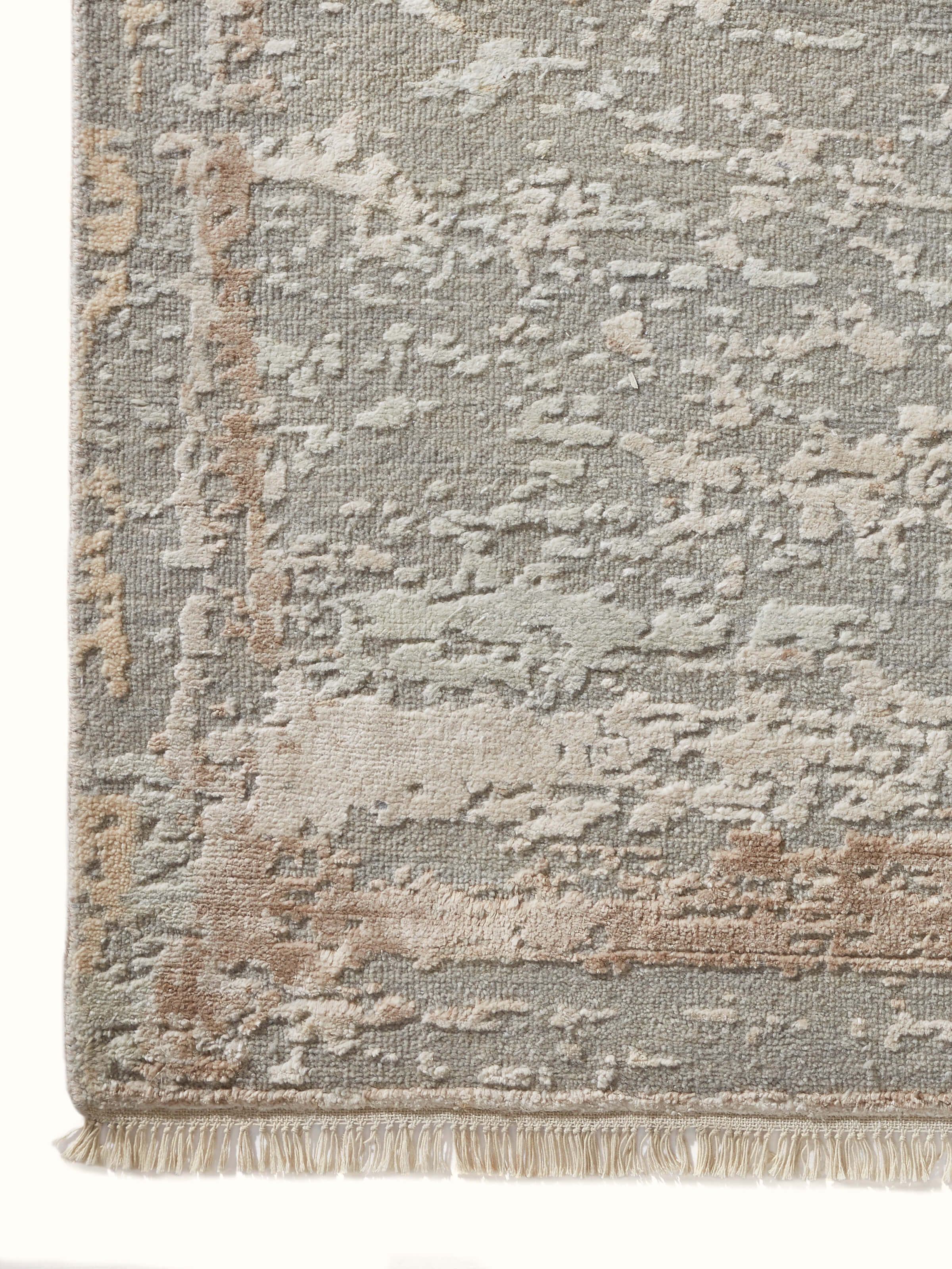 Modern Abstract Grey Beige Agra Wool & Viscose Hand-Knotted Carpet, showing the blend of wool and viscose in the carpet design.