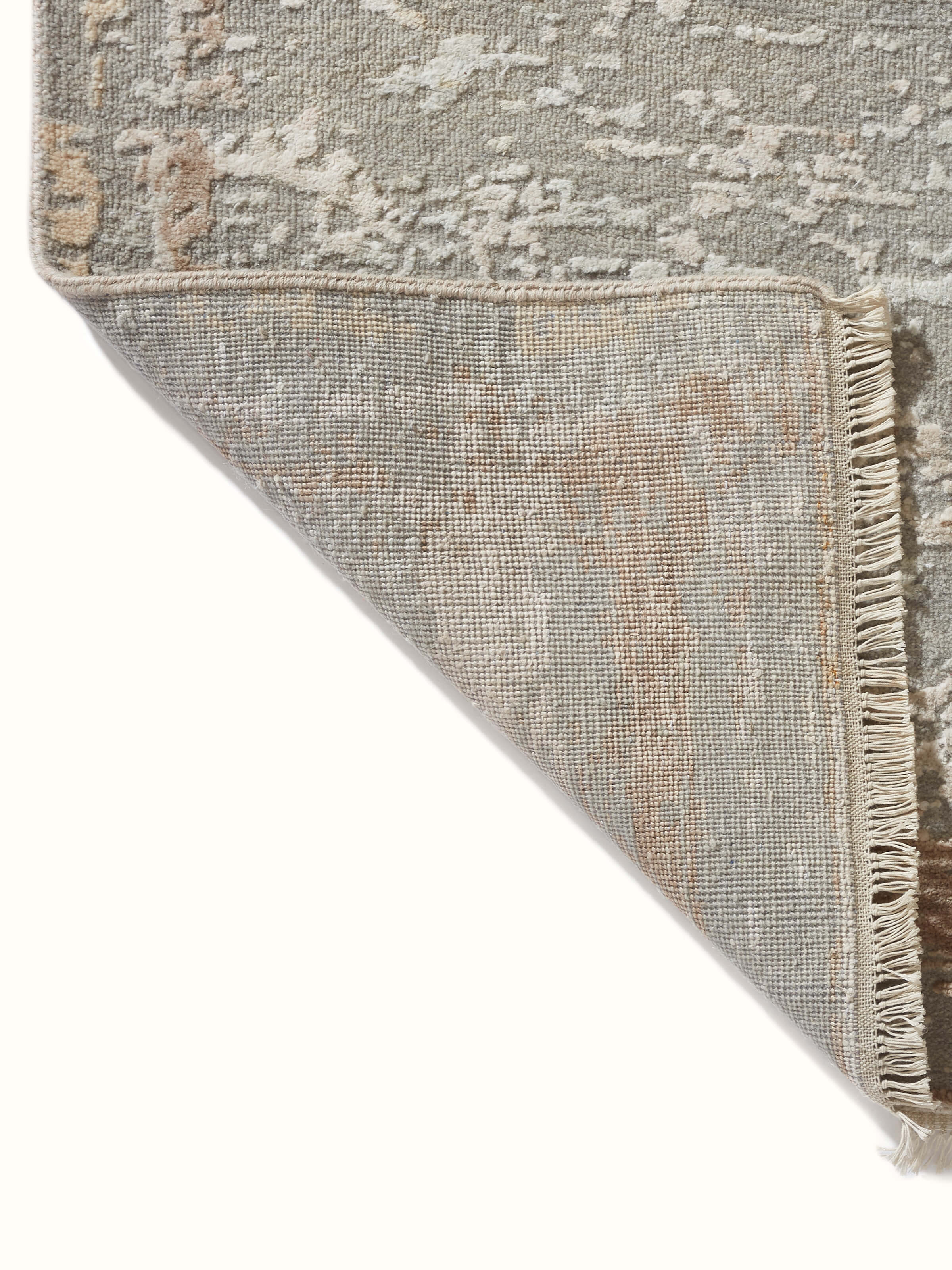 Wide shot of Modern Abstract Grey Beige Agra Wool & Viscose Hand-Knotted Carpet, illustrating the expansive design and color scheme.