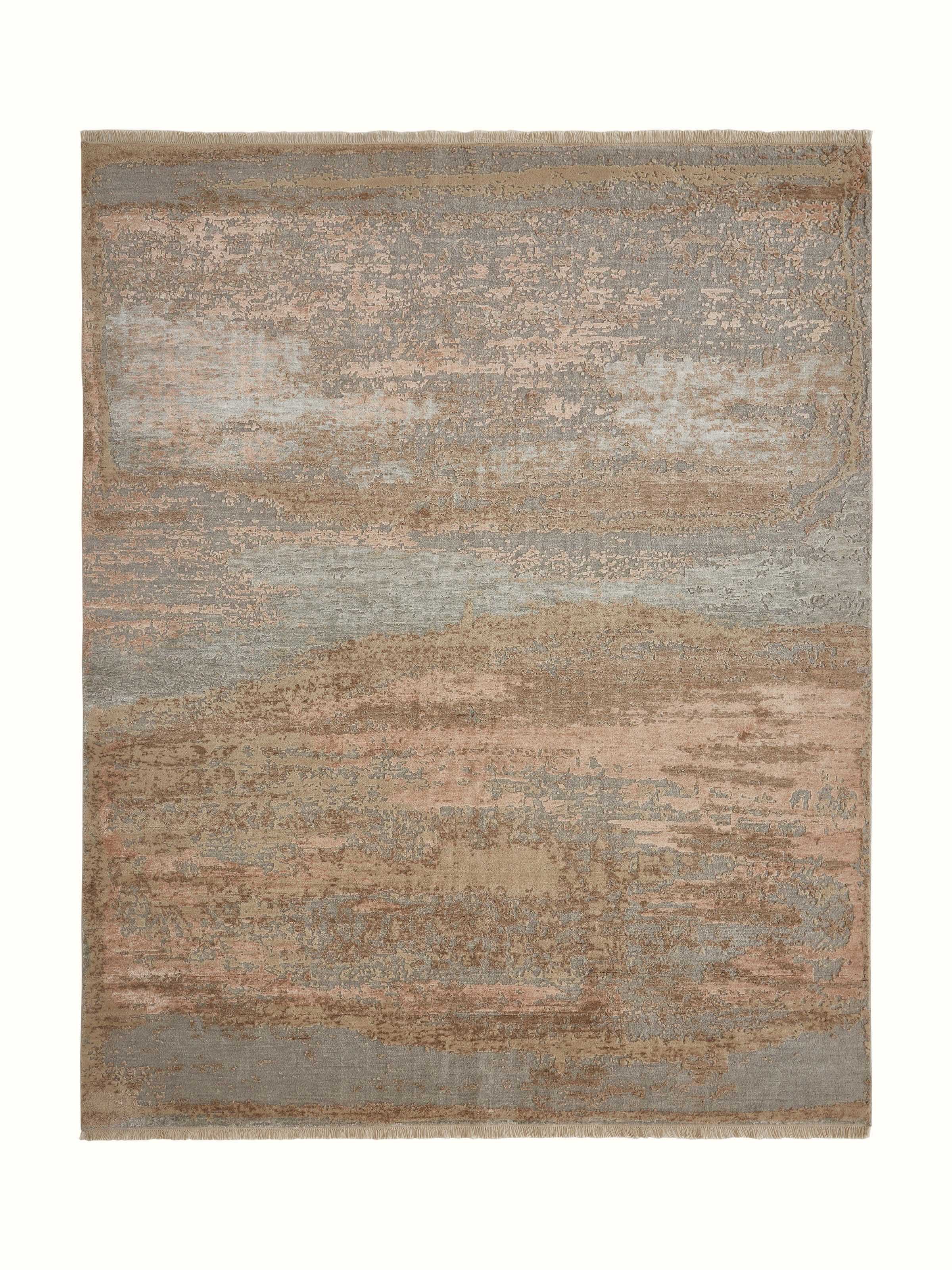 Front view of Abstract modern grey blush wool & viscose hand-knotted carpet showcasing modern design and detailed craftsmanship