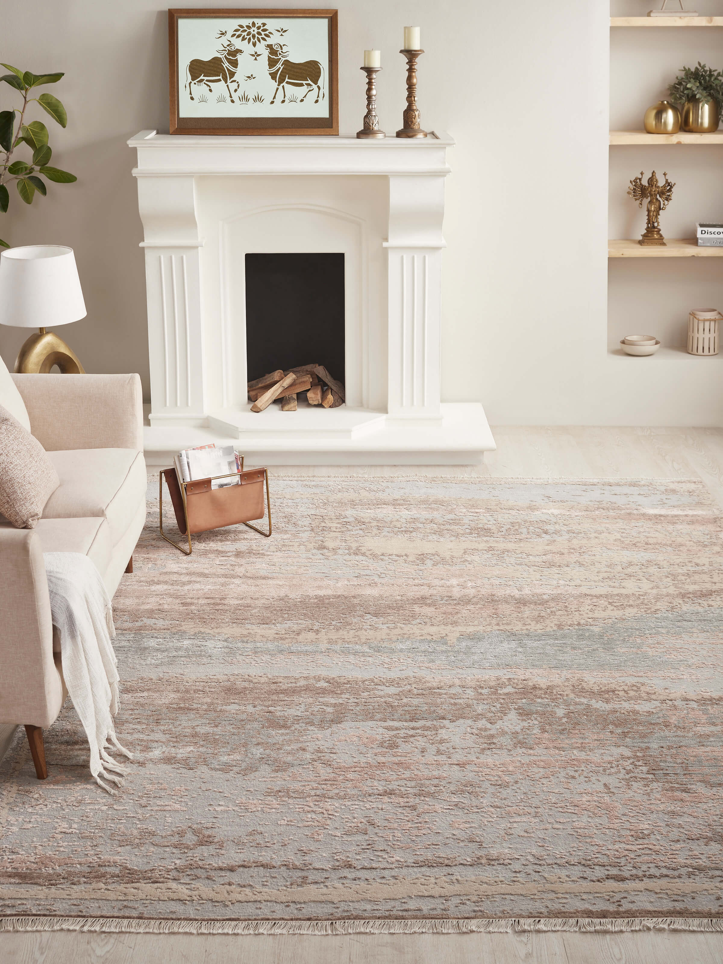 Top view of Abstract modern grey blush wool & viscose hand-knotted carpet displaying overall pattern