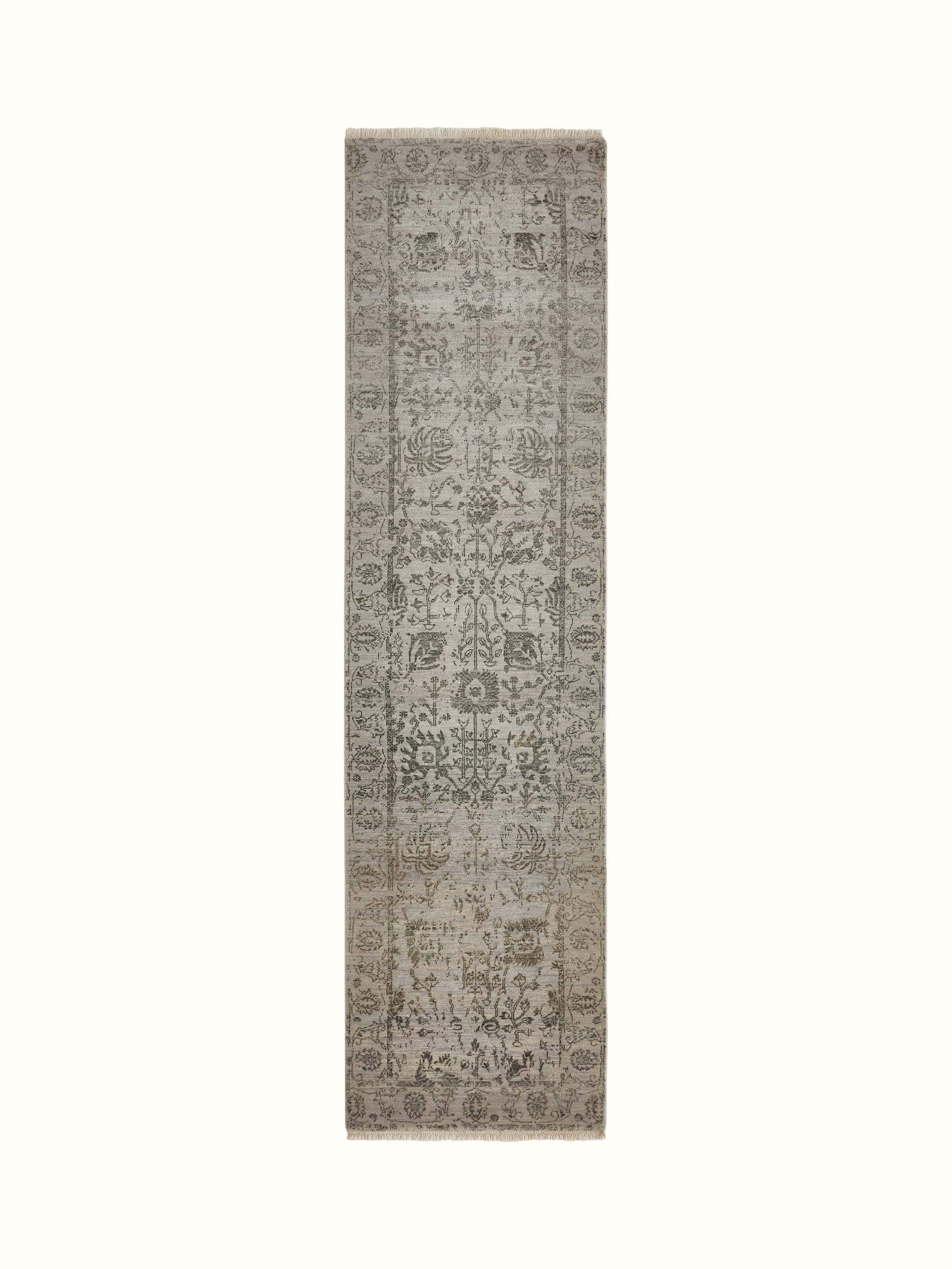Distressed transitional grey charcoal Agra wool & viscose hand-knotted runner with visible texture.
