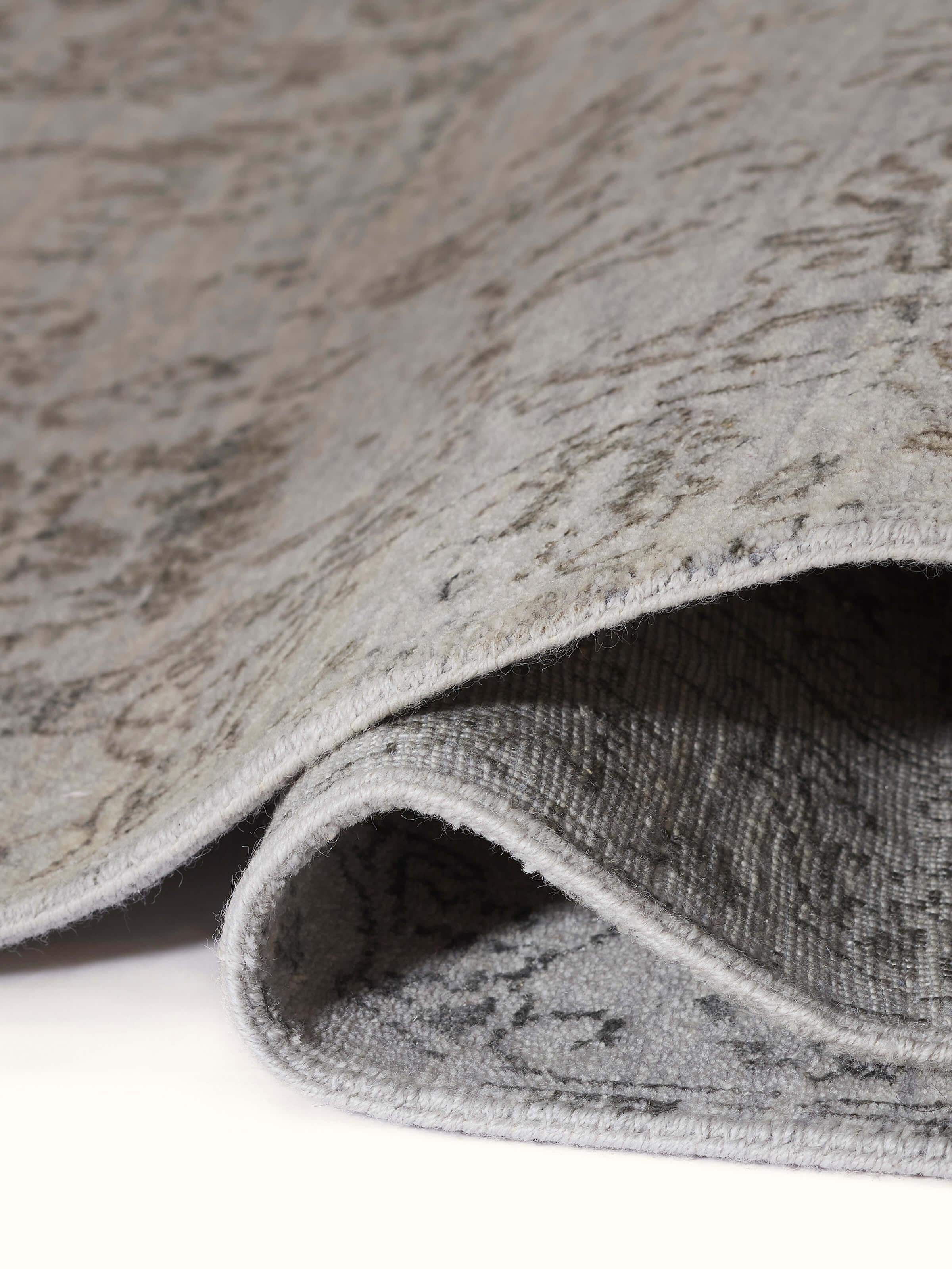 Full view of distressed transitional grey charcoal Agra wool & viscose hand-knotted runner showing design.