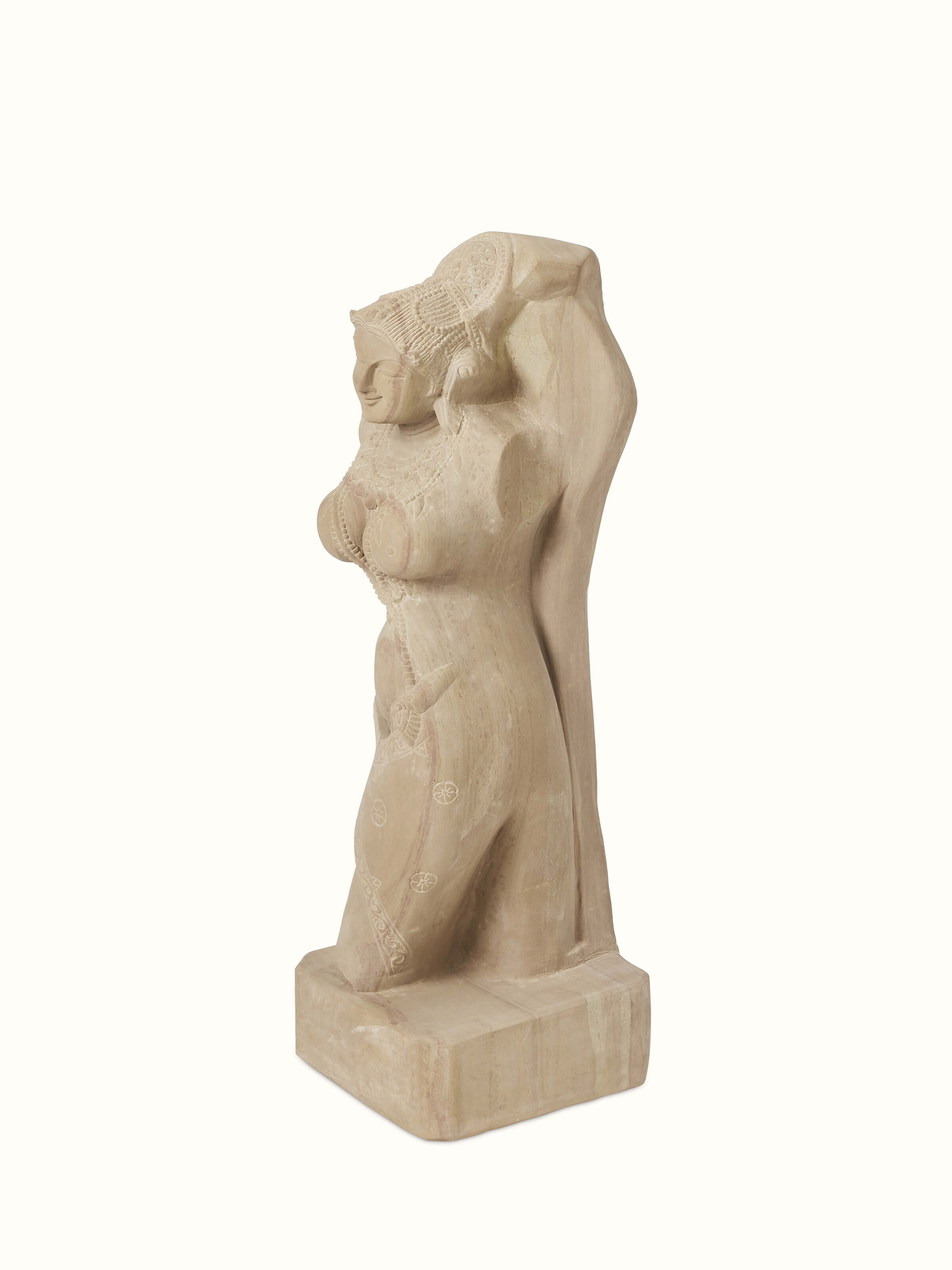 Side view of Gorgeous Gwalior carved stone apsara sculpture, highlighting detailed stone work and elegant design.