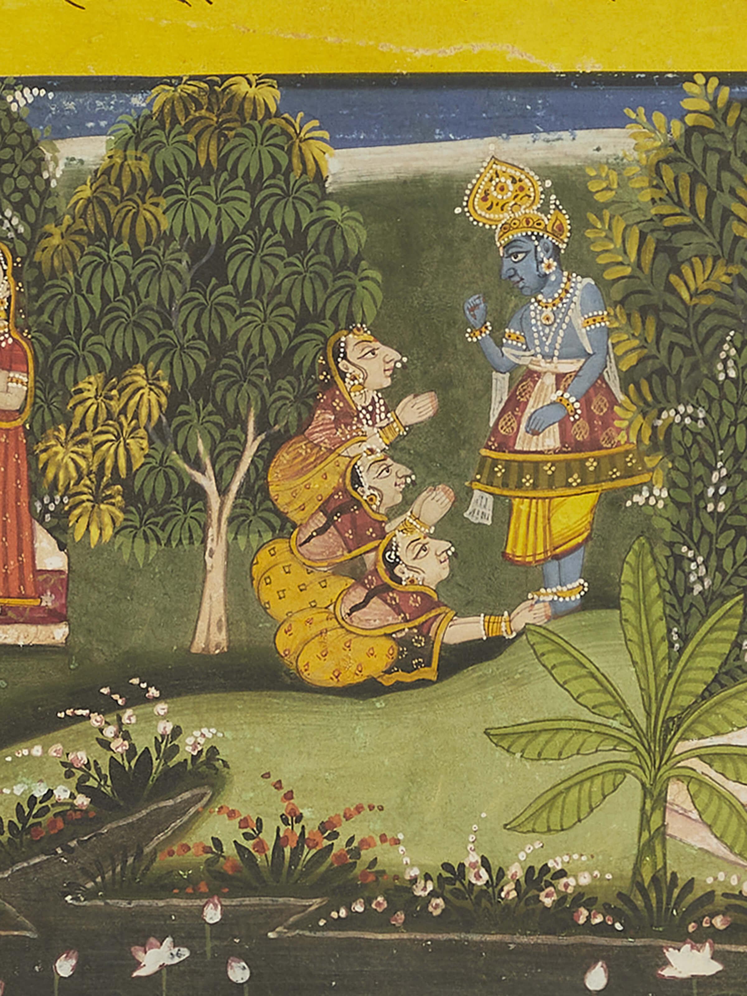 Close-up of Pichwai geet govind painting featuring traditional artistry.