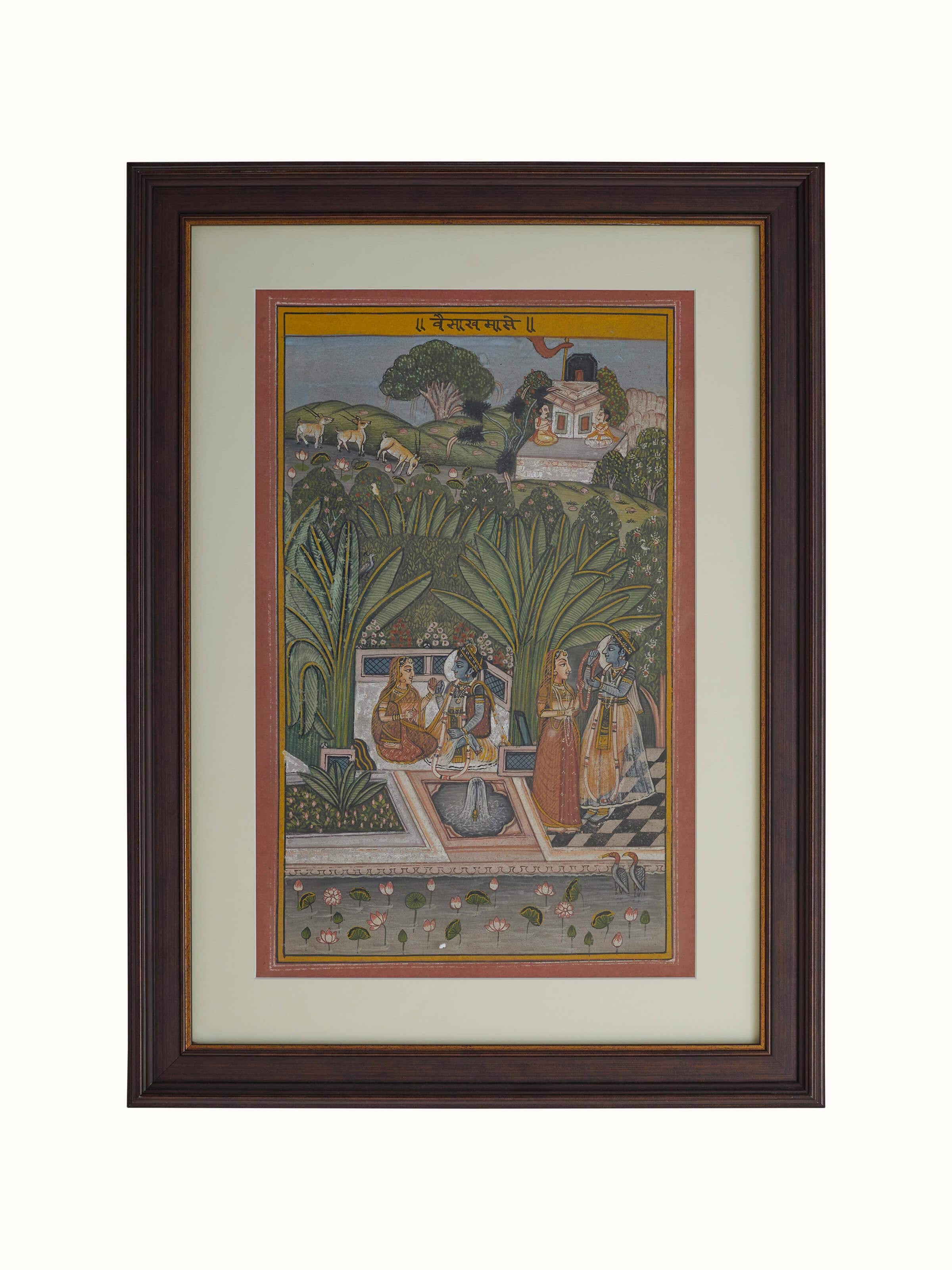 Angled view of Pichwai Geet Govindam Painting set (12 pieces), highlighting intricate detailing and rich patterns.