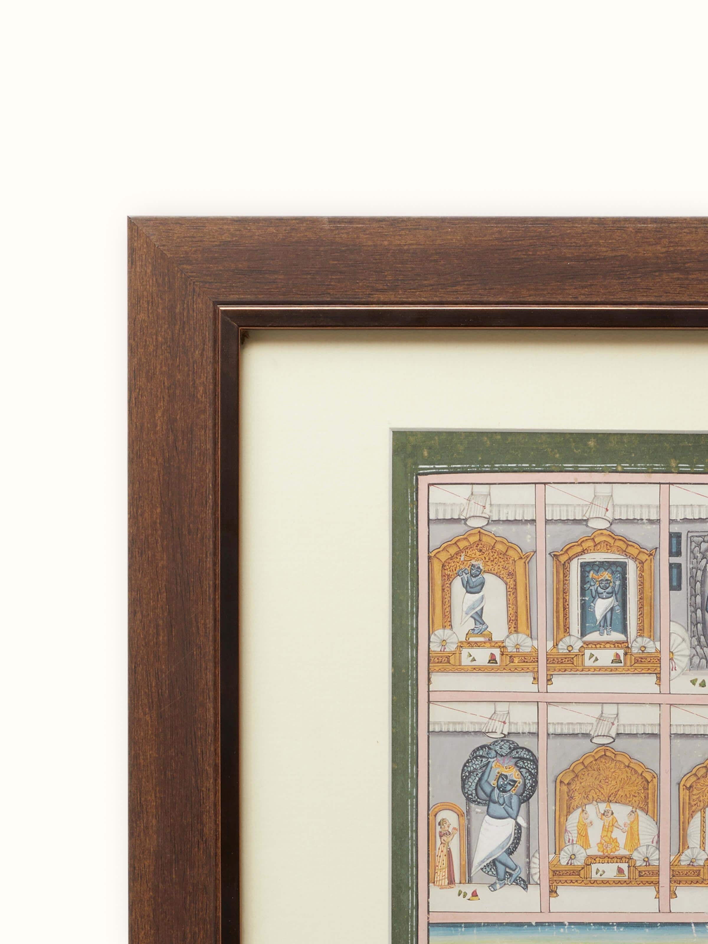 Angled view of Jai Pichwai Shreenathji painting emphasizing the traditional art elements and vibrant hues