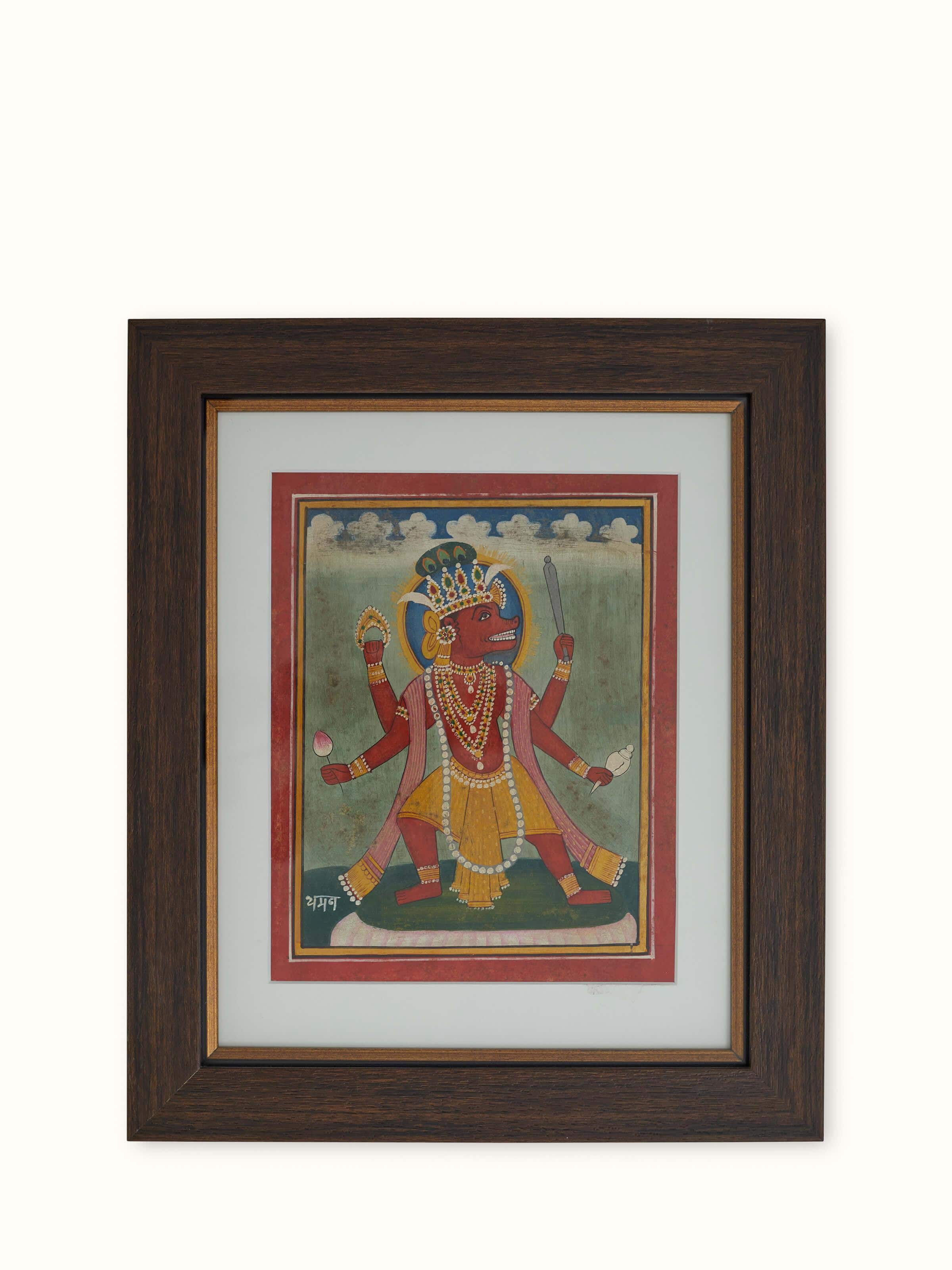 Front view of Pichwai Vishnu Avatar Painting capturing the majestic presence of Lord Vishnu with detailed background scenery