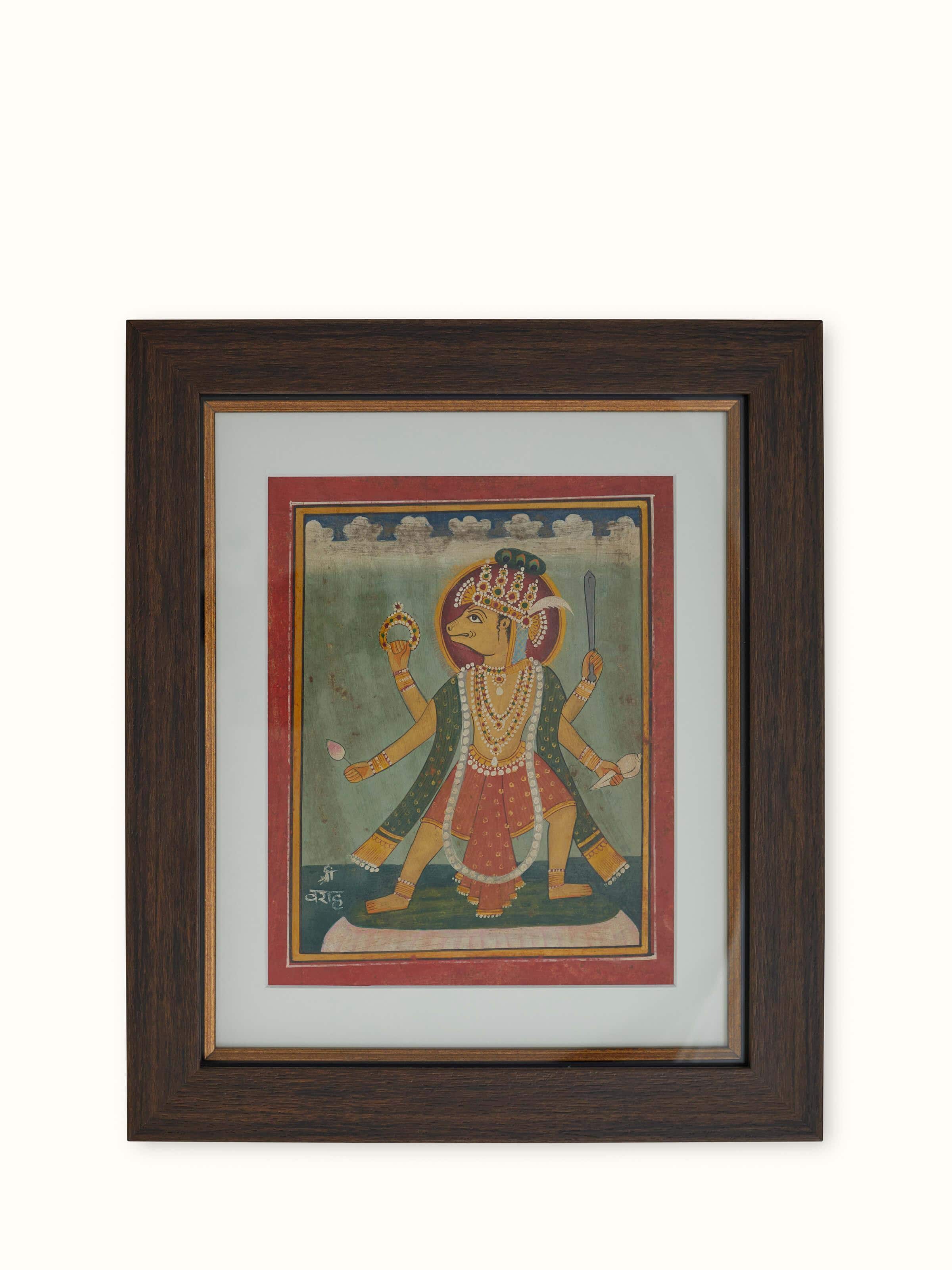 Side view of Pichwai Vishnu Avatar Painting highlighting the graceful stance and elaborate adornments of Lord Vishnu
