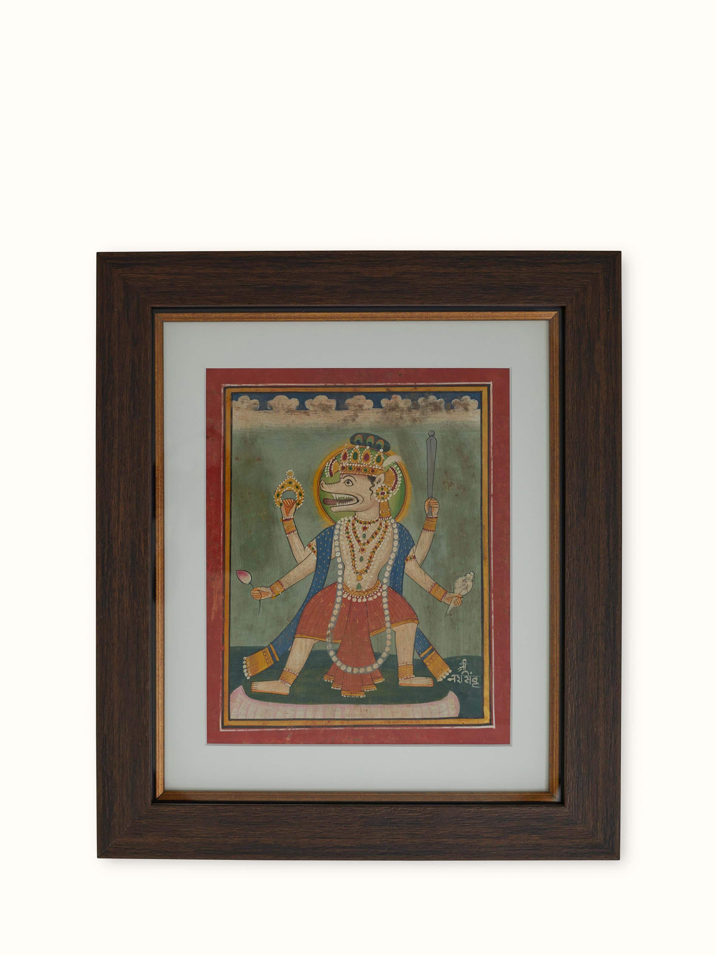Close-up of Pichwai Vishnu Avatar Painting focusing on the expressive features and intricate details of Lord Vishnu