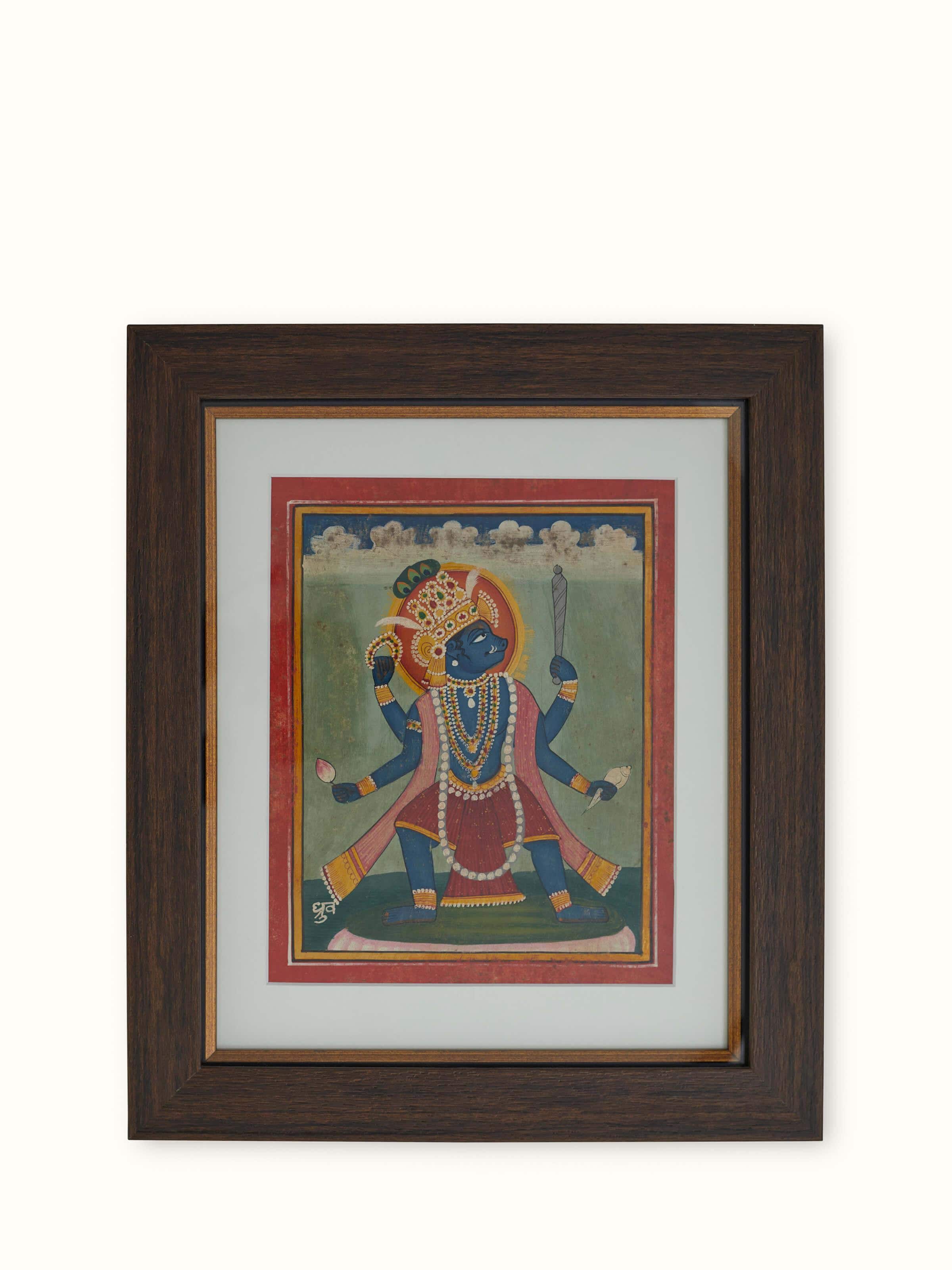 Detailed view of Pichwai Vishnu Avatar Painting emphasizing the vibrant colors and meticulous detailing of Lord Vishnu