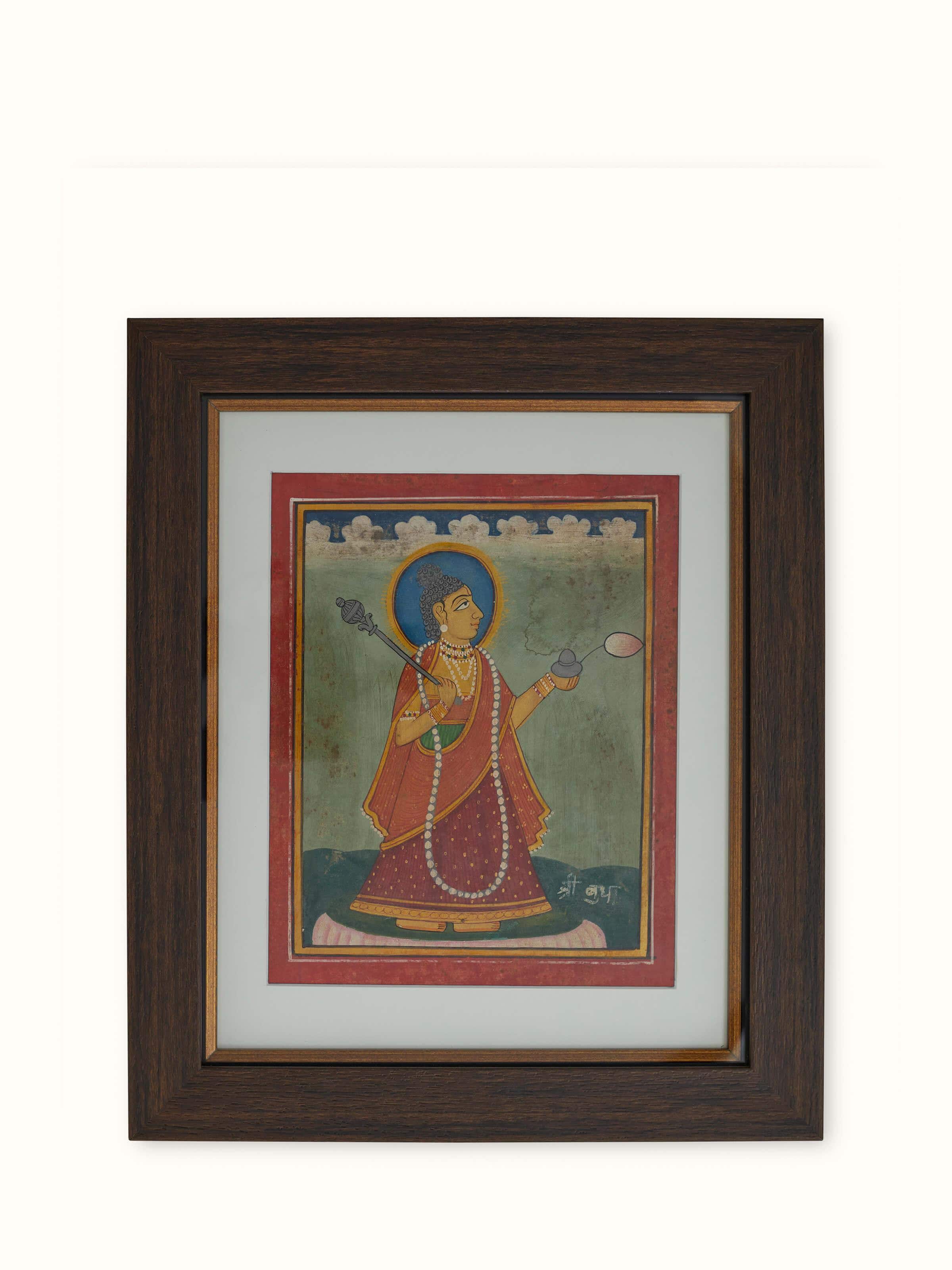 Side view of Pichwai Vishnu Avatar Painting highlighting the elegant posture and intricate ornamentation of Lord Vishnu