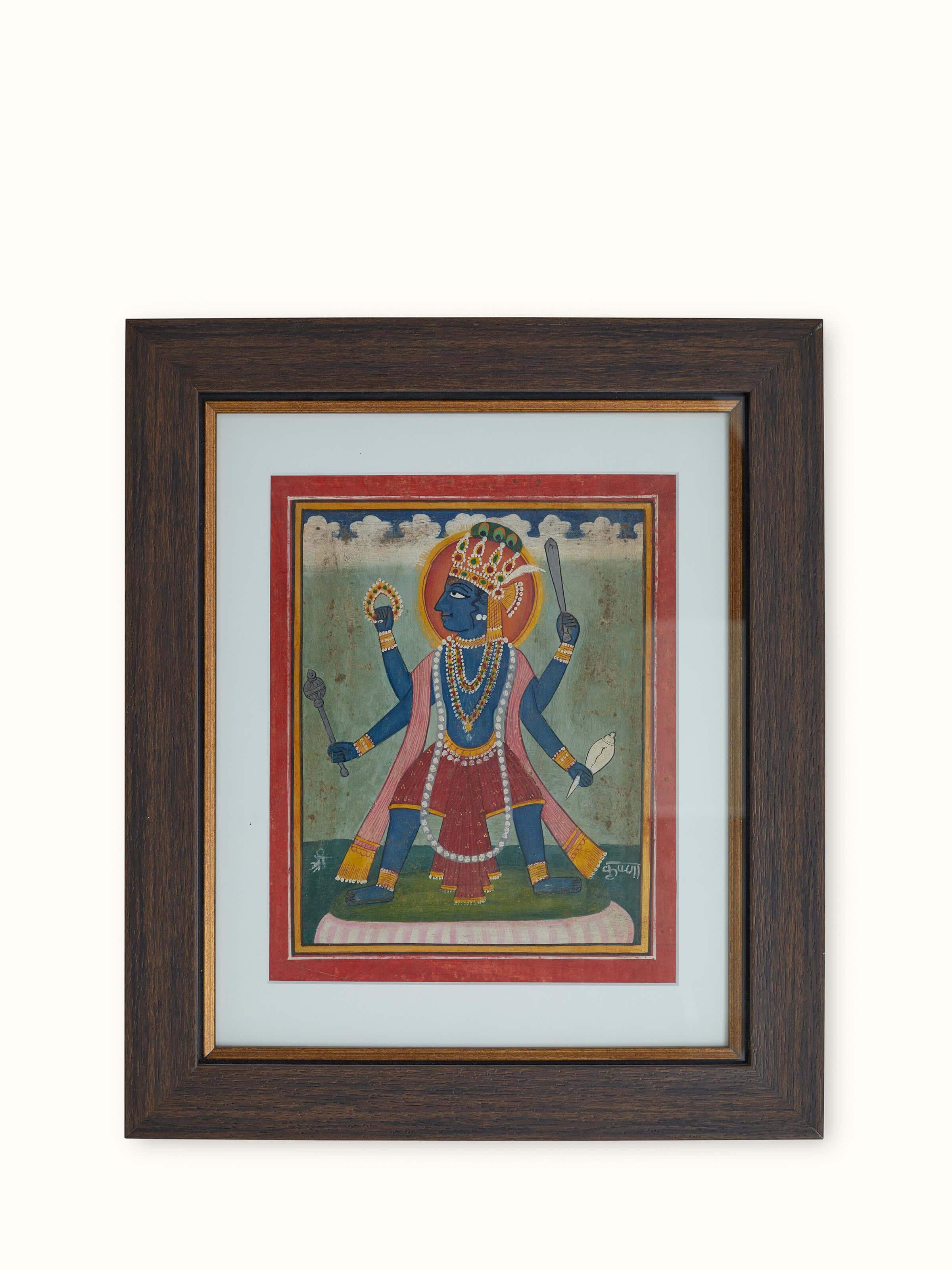Close-up of Pichwai Vishnu Avatar Painting focusing on the detailed attire and serene expression of Lord Vishnu